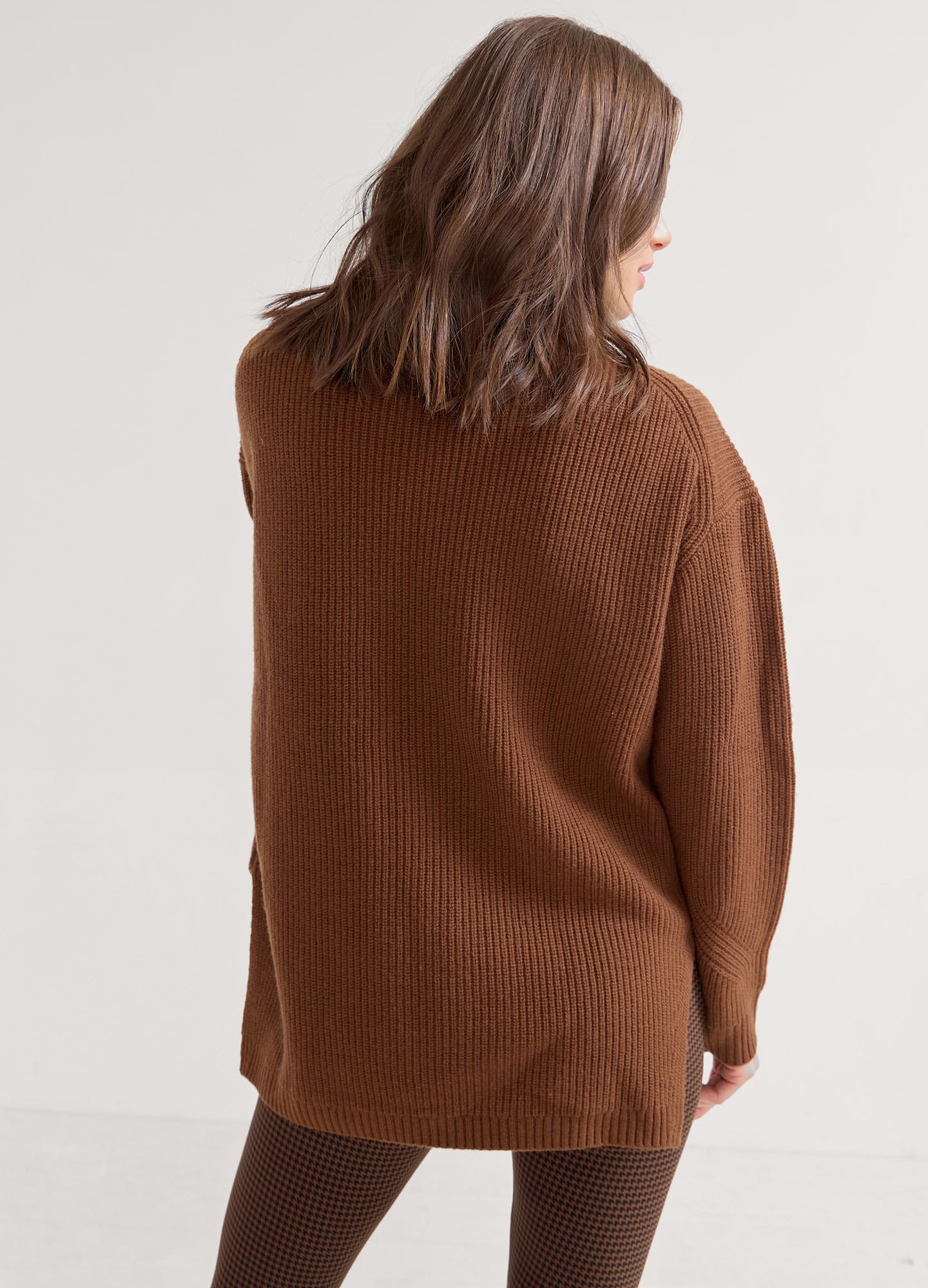 The Cozy Shaker Turtleneck - Soft acorn-colored ribbed knit turtleneck sweater for maternity and nursing with cozy relaxed fit.