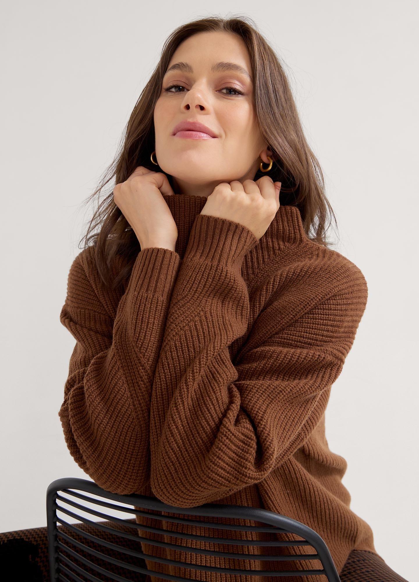 The Cozy Shaker Turtleneck - Soft acorn-colored ribbed knit turtleneck sweater for maternity and nursing with cozy relaxed fit.