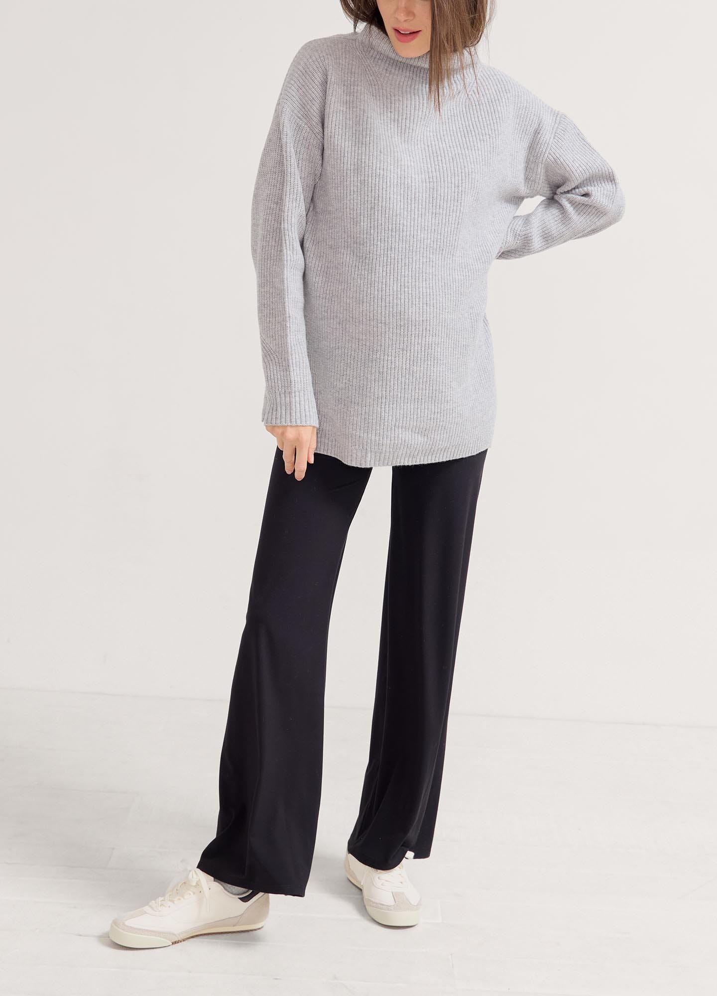 The Cozy Shaker Turtleneck - Heather grey melange maternity turtleneck sweater with side slits for nursing and postpartum comfort.