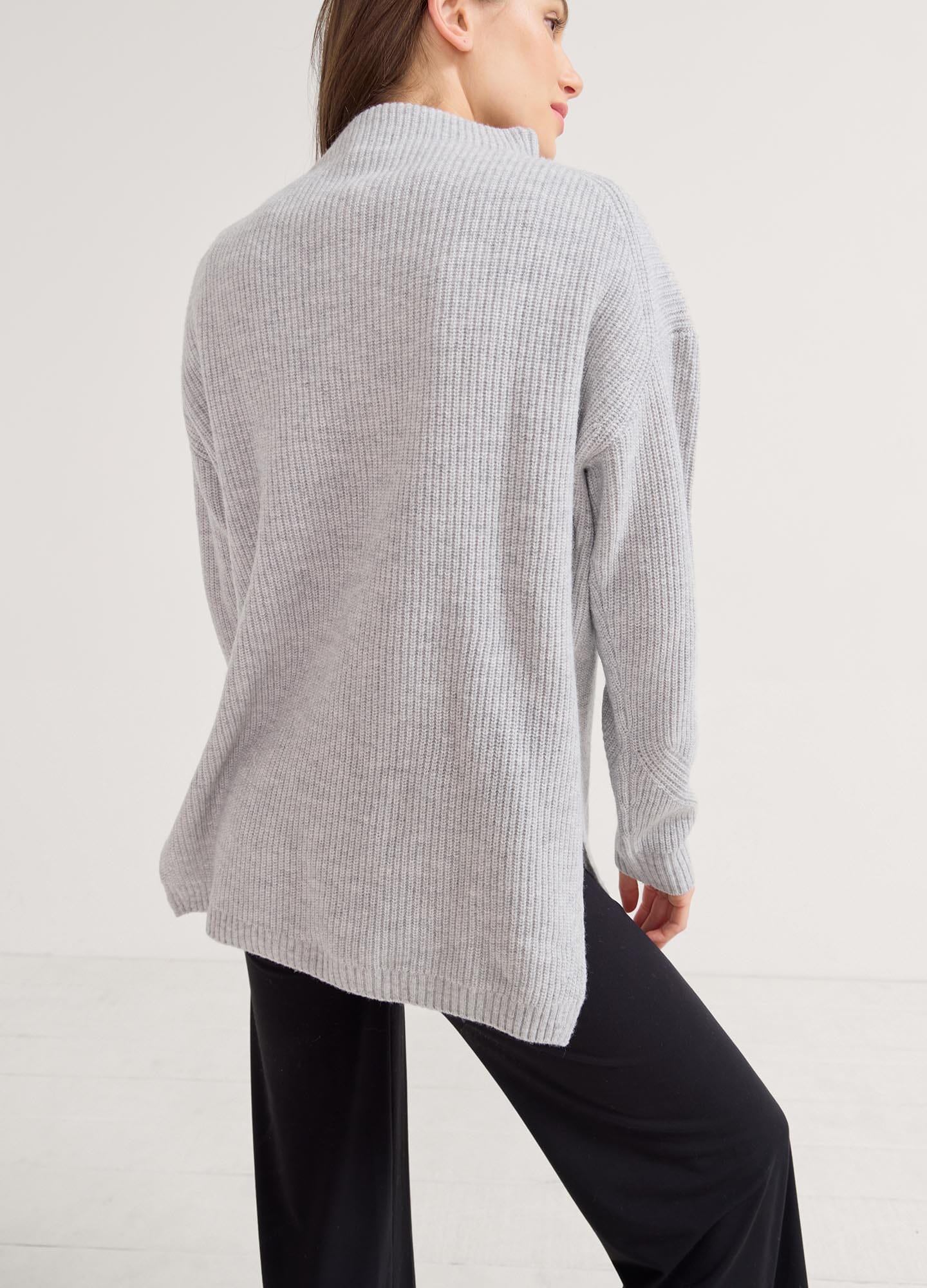 The Cozy Shaker Turtleneck - Heather grey melange maternity turtleneck sweater with side slits for nursing and postpartum comfort.