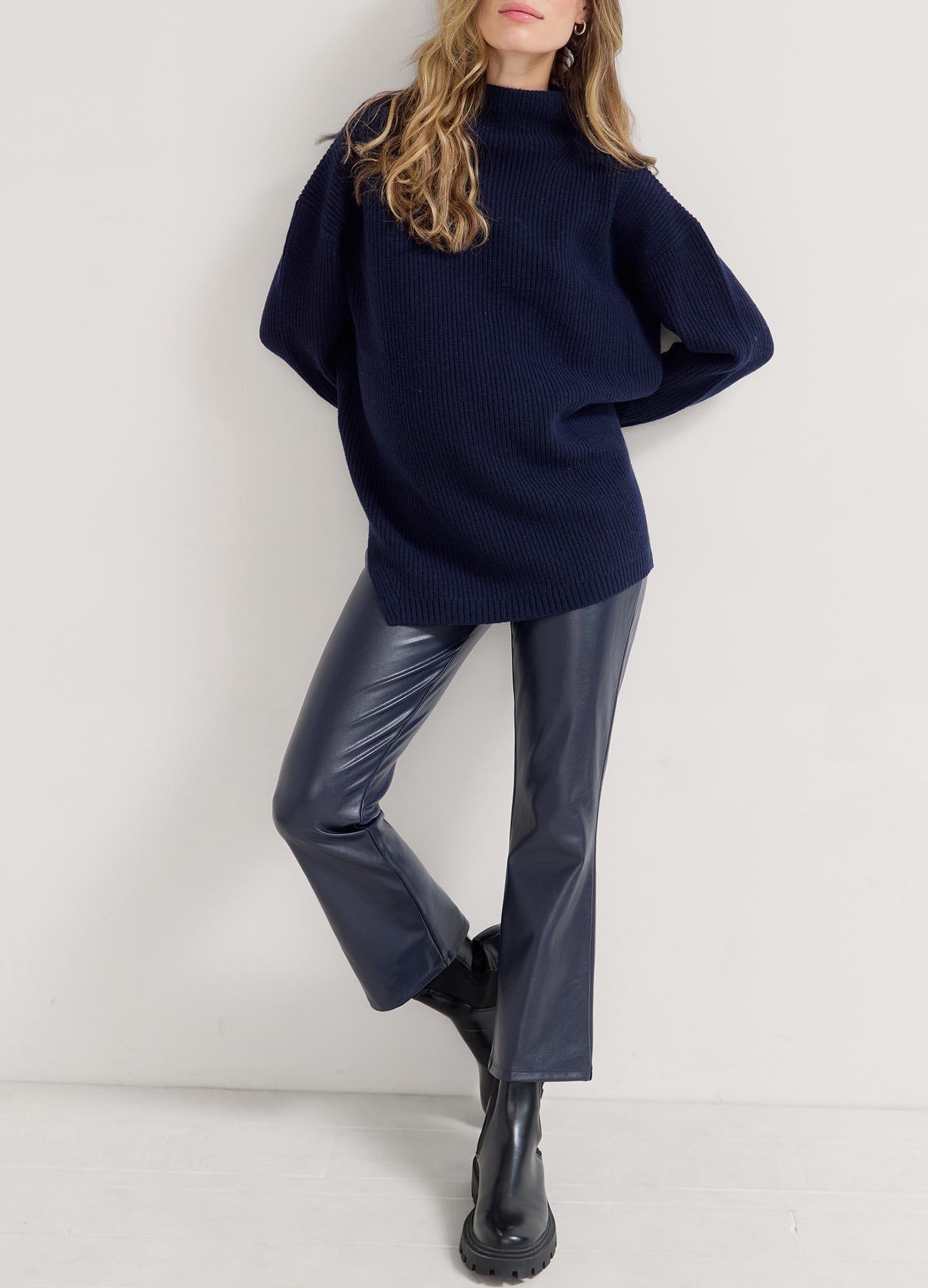 The Cozy Shaker Turtleneck - Navy blue cozy maternity turtleneck sweater with long sleeves, designed for nursing and postpartum comfort.