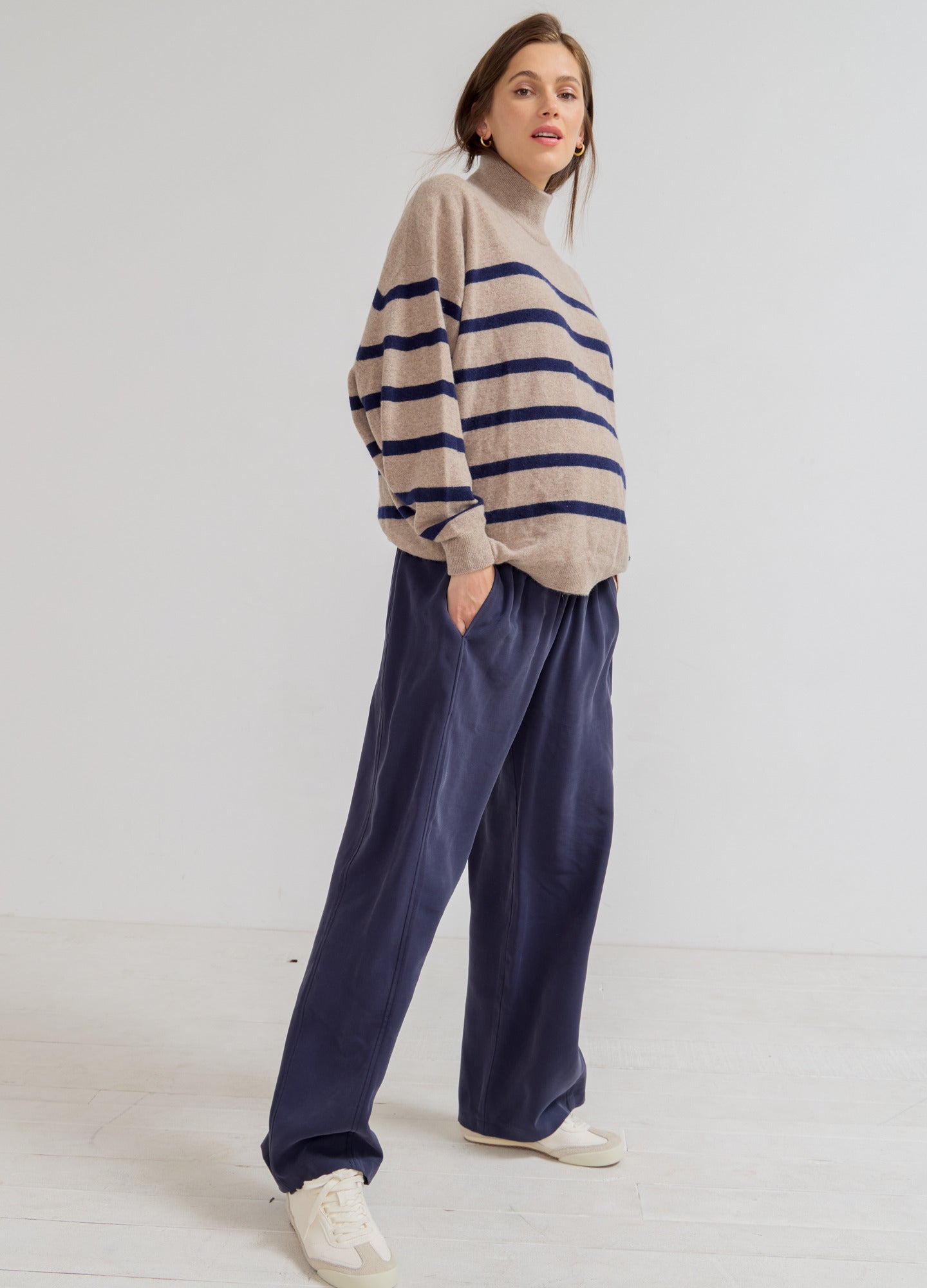 The Estella Cashmere Turtleneck - Oat melange cashmere maternity turtleneck with navy stripes, relaxed fit for pregnancy and nursing.