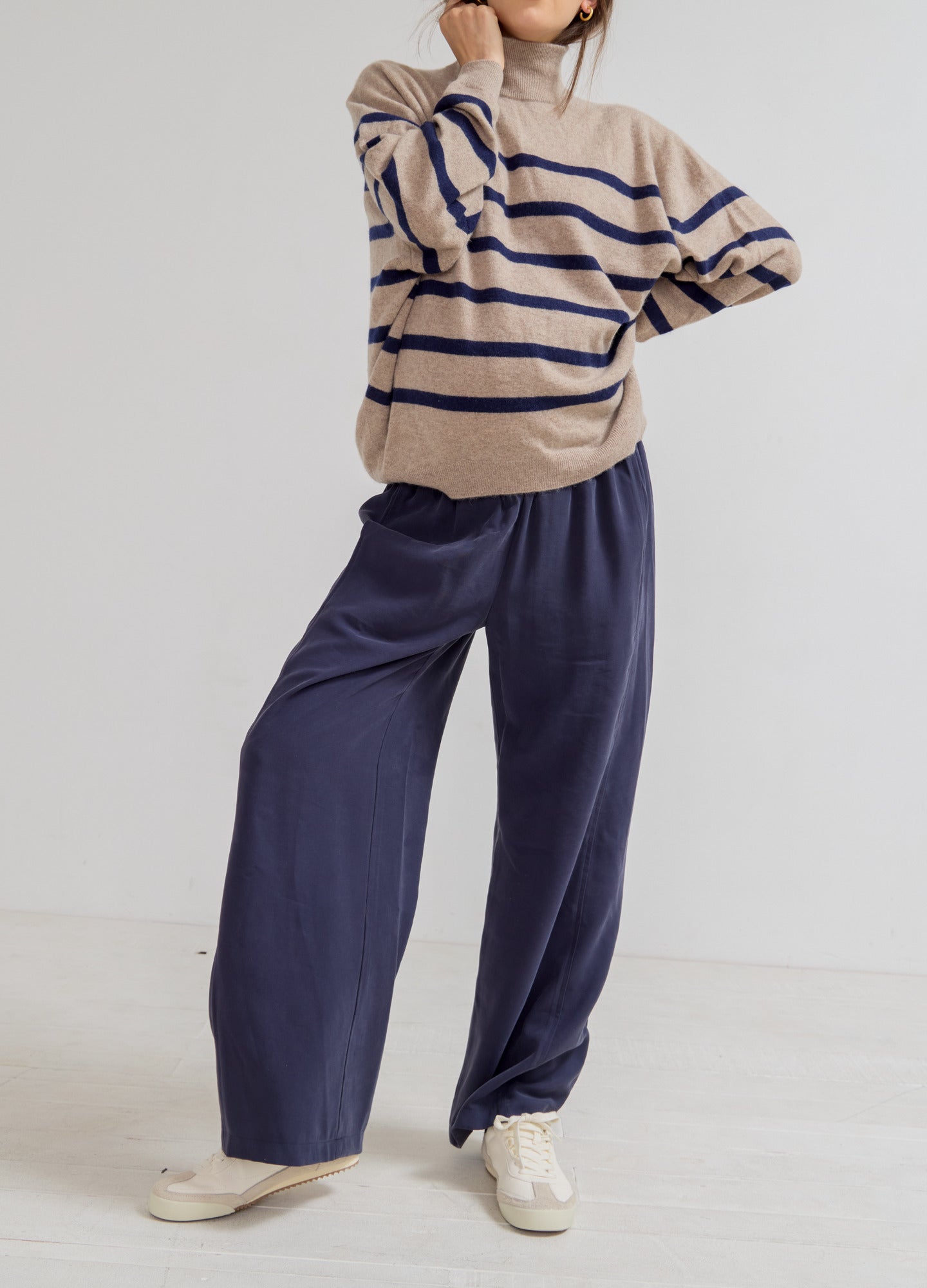 The Estella Cashmere Turtleneck - Oat melange cashmere maternity turtleneck with navy stripes, relaxed fit for pregnancy and nursing.