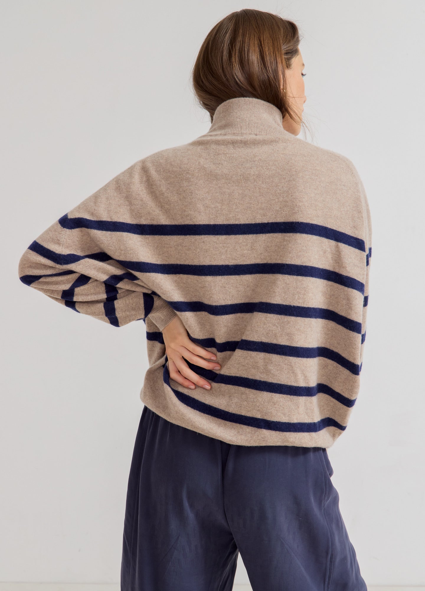 The Estella Cashmere Turtleneck - Oat melange cashmere maternity turtleneck with navy stripes, relaxed fit for pregnancy and nursing.