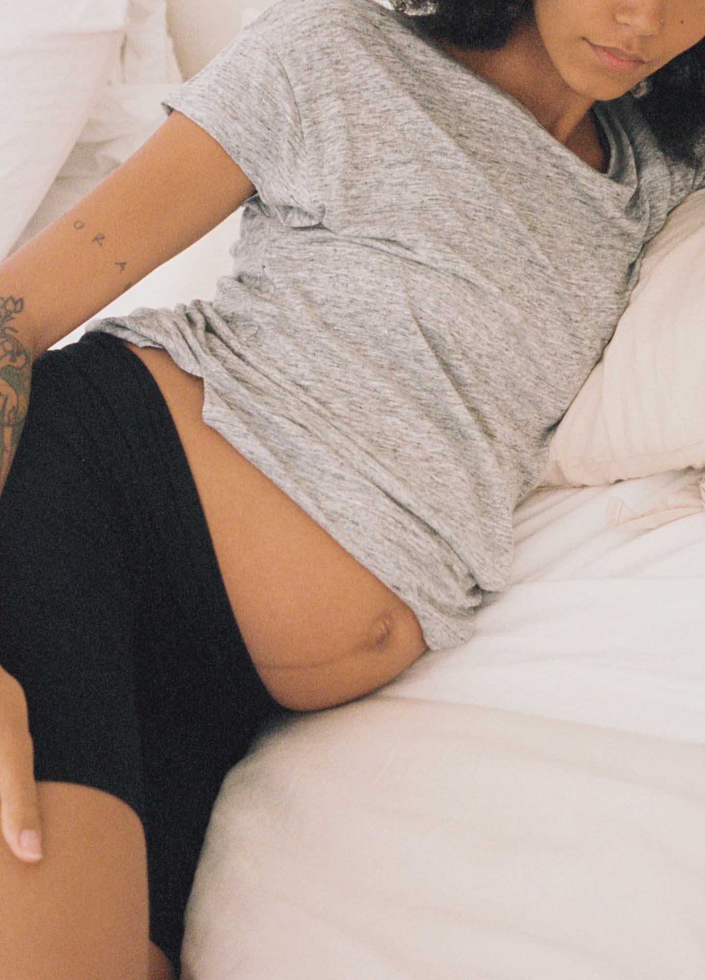 The Everyday Linen Tee - Heather grey maternity linen tee with short sleeves, relaxed fit for pregnancy, nursing, and postpartum comfort.