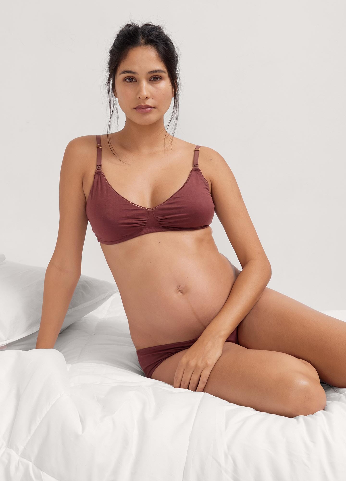 The Everyday Nursing Bra - Rust-colored maternity nursing bra with soft fabric, adjustable straps, and easy nursing access, designed for pregnancy and.