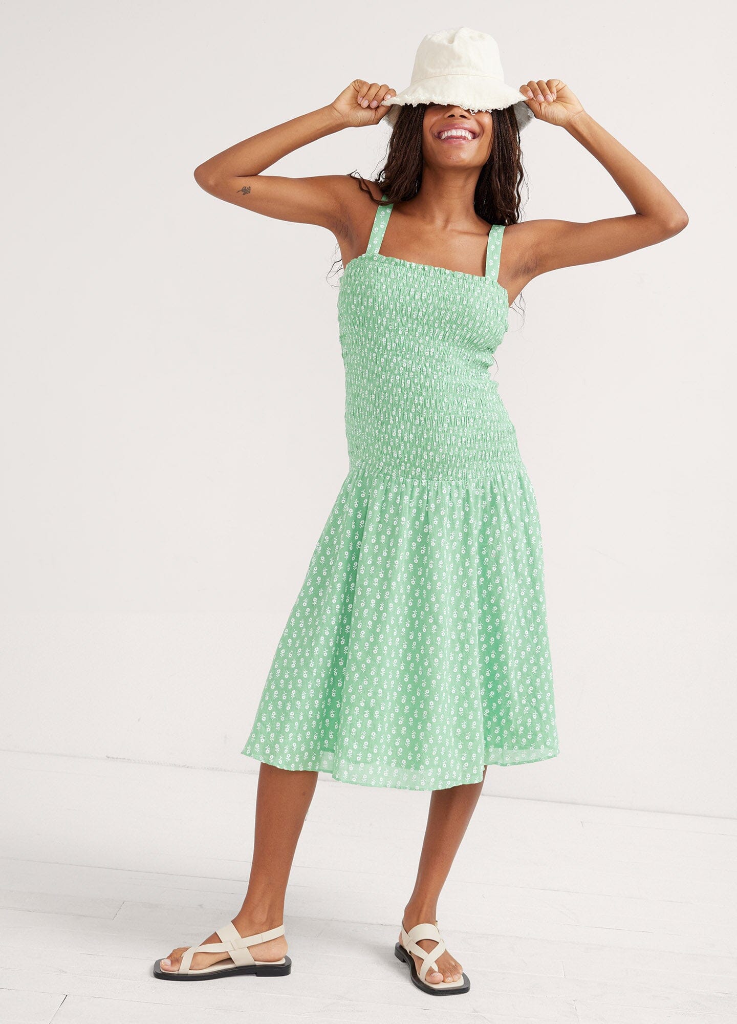 The Evie Dress - Green ditsy batik maternity dress with adjustable straps and smocked bust for pregnancy, nursing, and postpartum comfort.