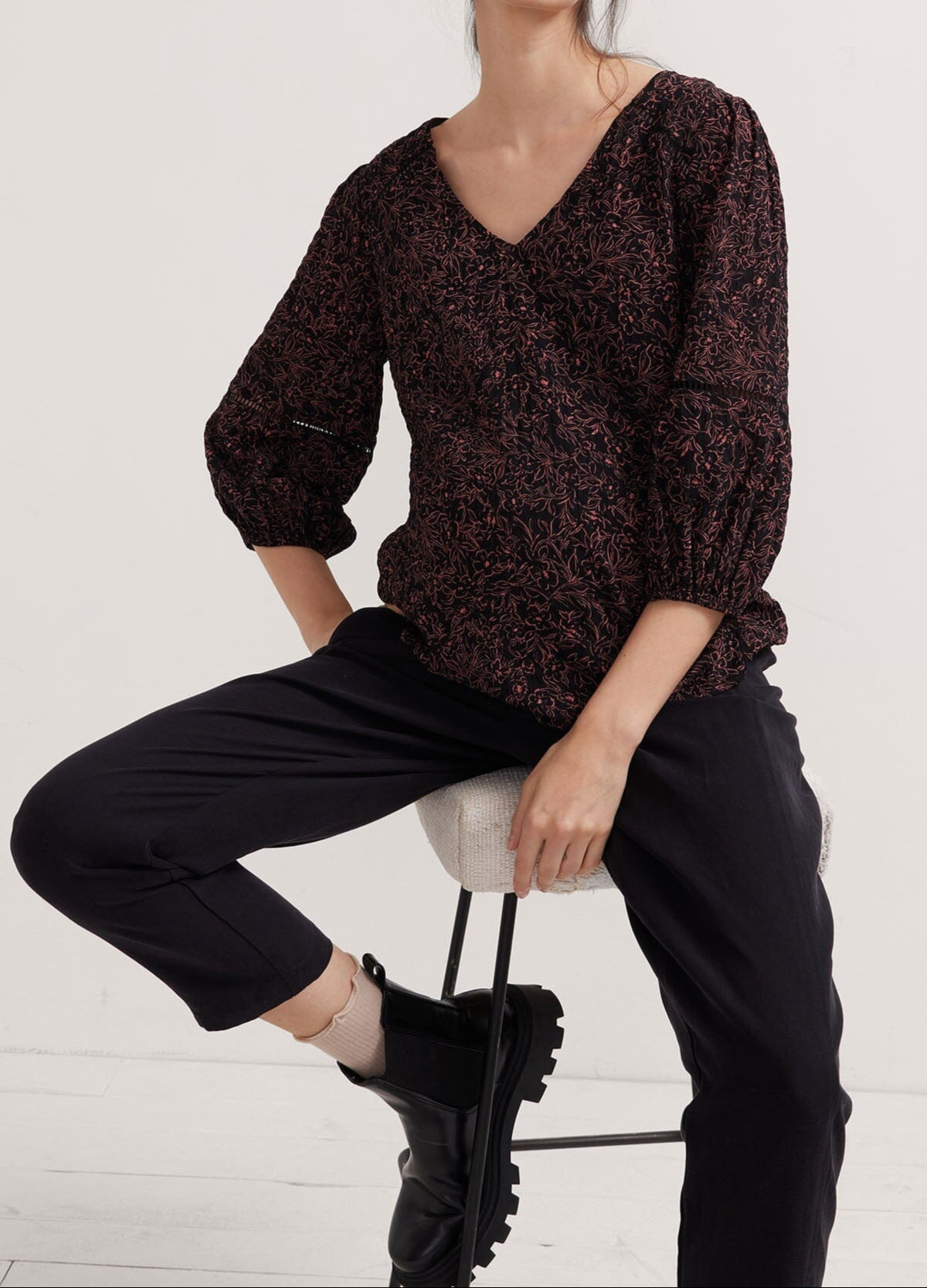 The Juliet Top - Black and pink floral maternity nursing top with V-neck and 3/4 puff sleeves, ruched sides for postpartum comfort.