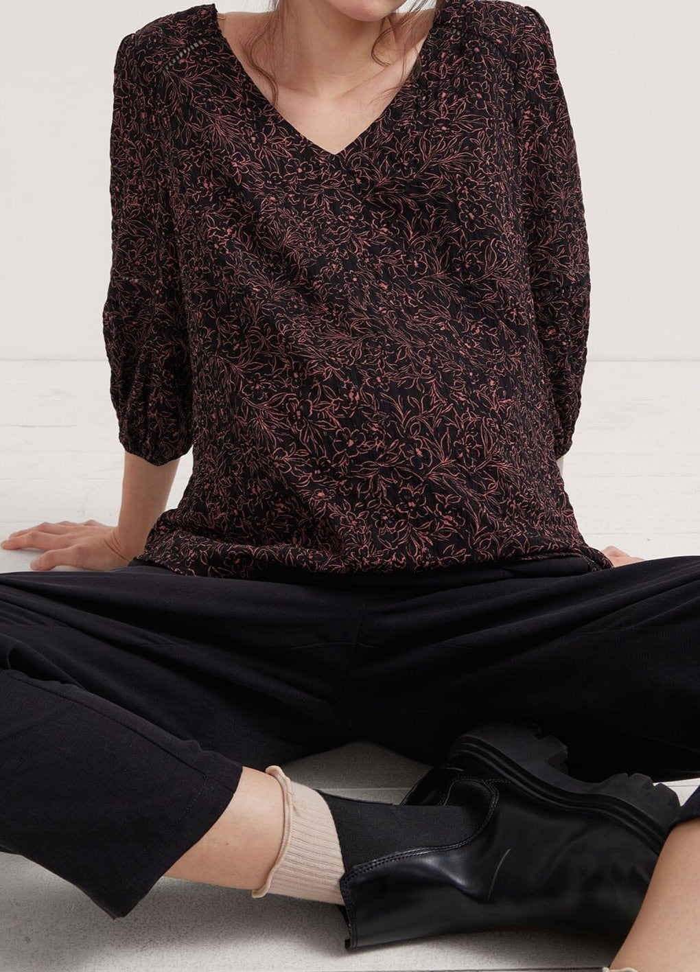 The Juliet Top - Black and pink floral maternity nursing top with V-neck and 3/4 puff sleeves, ruched sides for postpartum comfort.