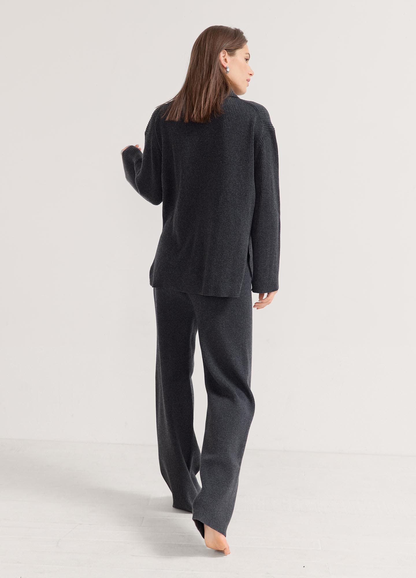 The Kat Sweater Pant - Charcoal maternity sweater pant set with soft knit fabric, relaxed fit, and button-up nursing top.