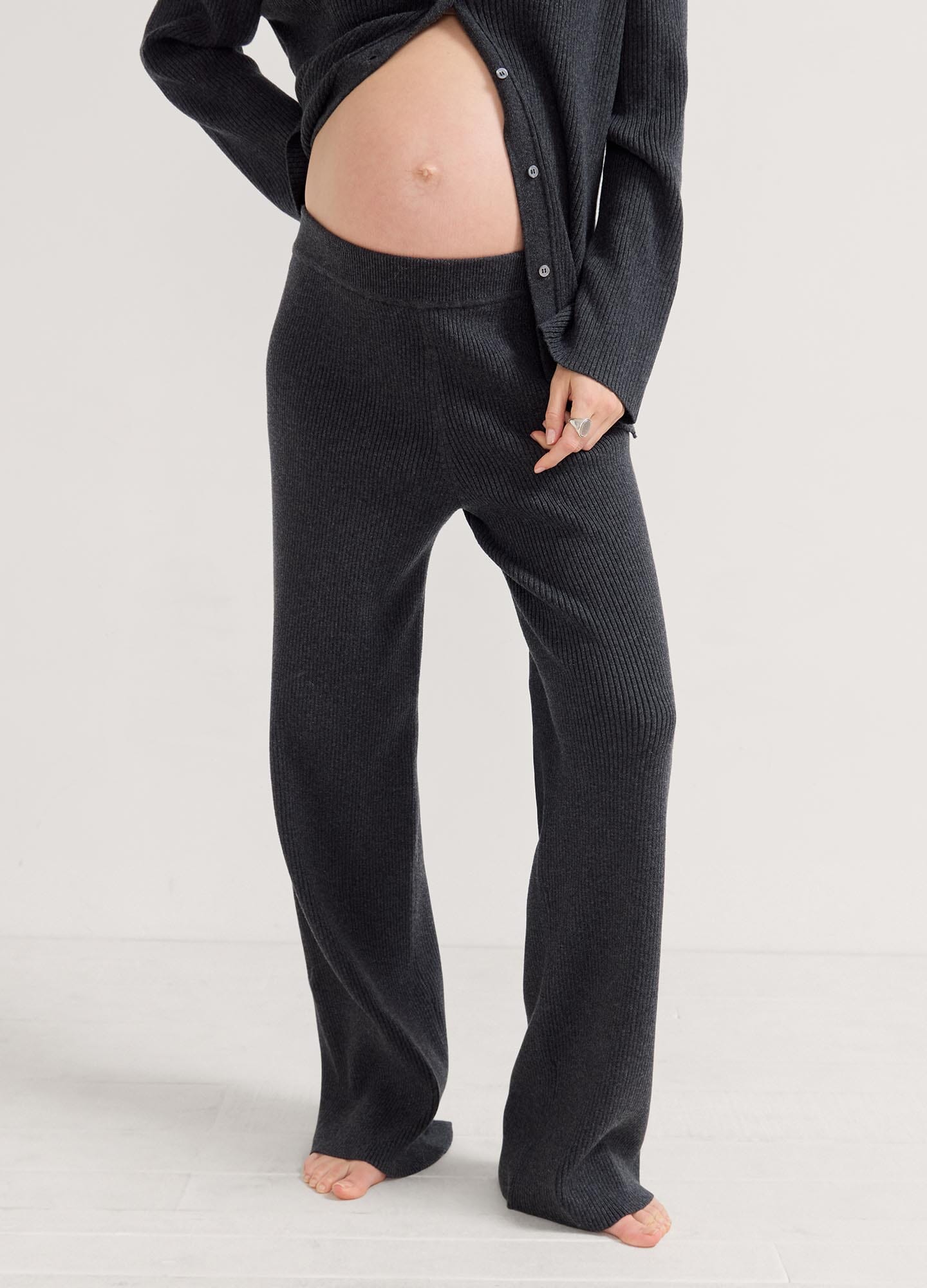 The Kat Sweater Pant - Charcoal maternity sweater pant set with soft knit fabric, relaxed fit, and button-up nursing top.