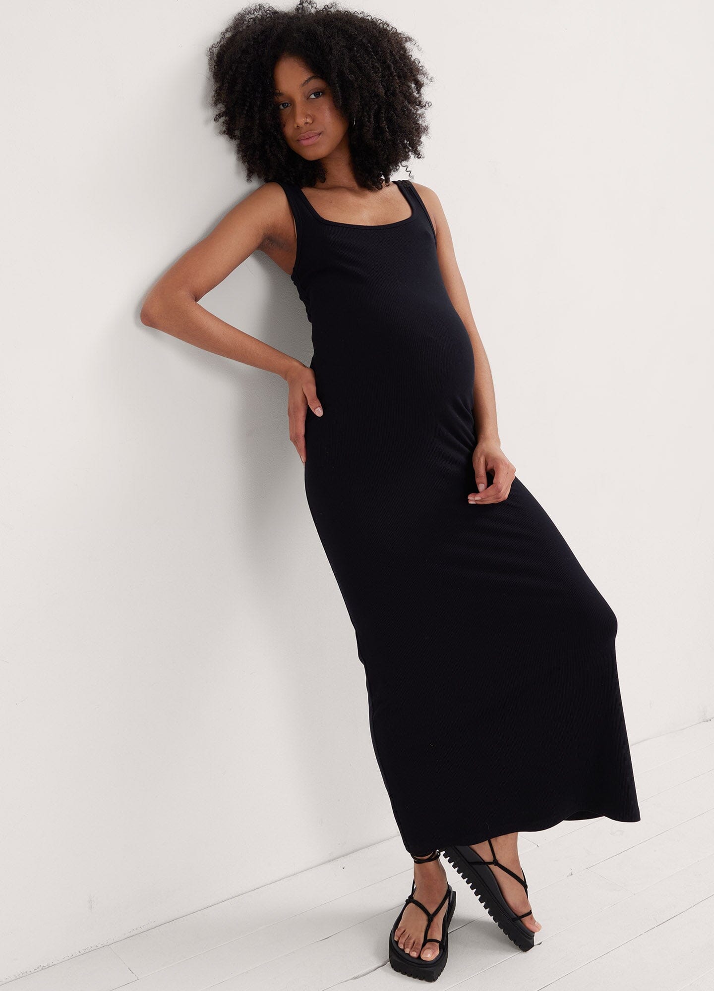The Long Body Tank Dress - Black long maternity tank dress with scoop neckline, sleeveless fit flatters pregnancy and nursing stages.