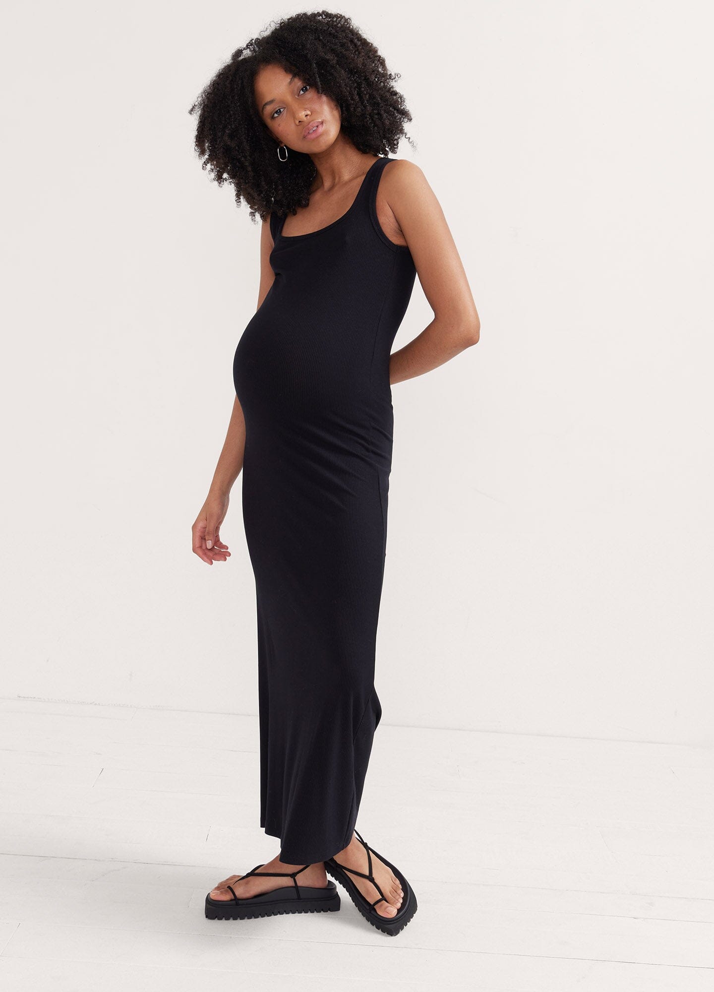 The Long Body Tank Dress - Black long maternity tank dress with scoop neckline, sleeveless fit flatters pregnancy and nursing stages.
