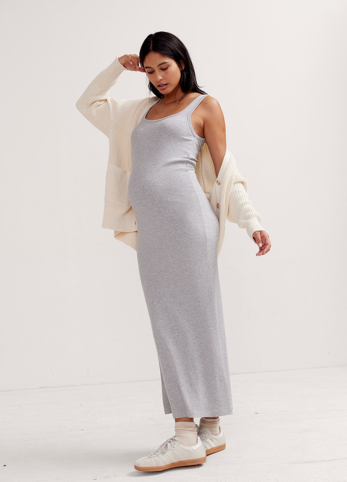 The Long Body Tank Dress - Sleeveless grey melange long body tank dress with stretch fit for maternity, nursing, and postpartum use.