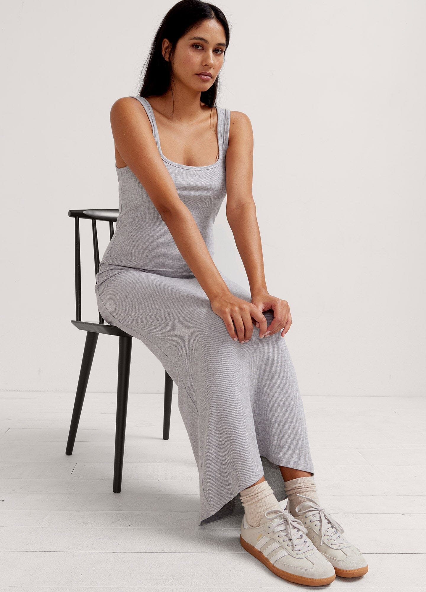 The Long Body Tank Dress - Sleeveless grey melange long body tank dress with stretch fit for maternity, nursing, and postpartum use.