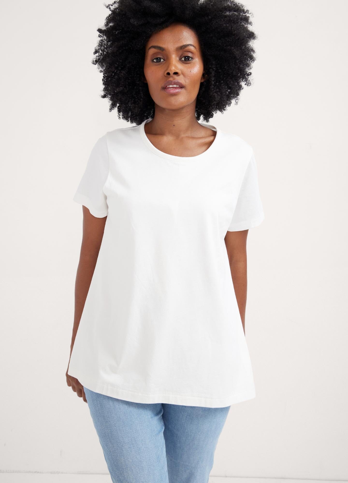 The Luxe Nursing Tee - White short-sleeve maternity nursing tee with scoop neckline, designed for pregnancy and postpartum comfort.