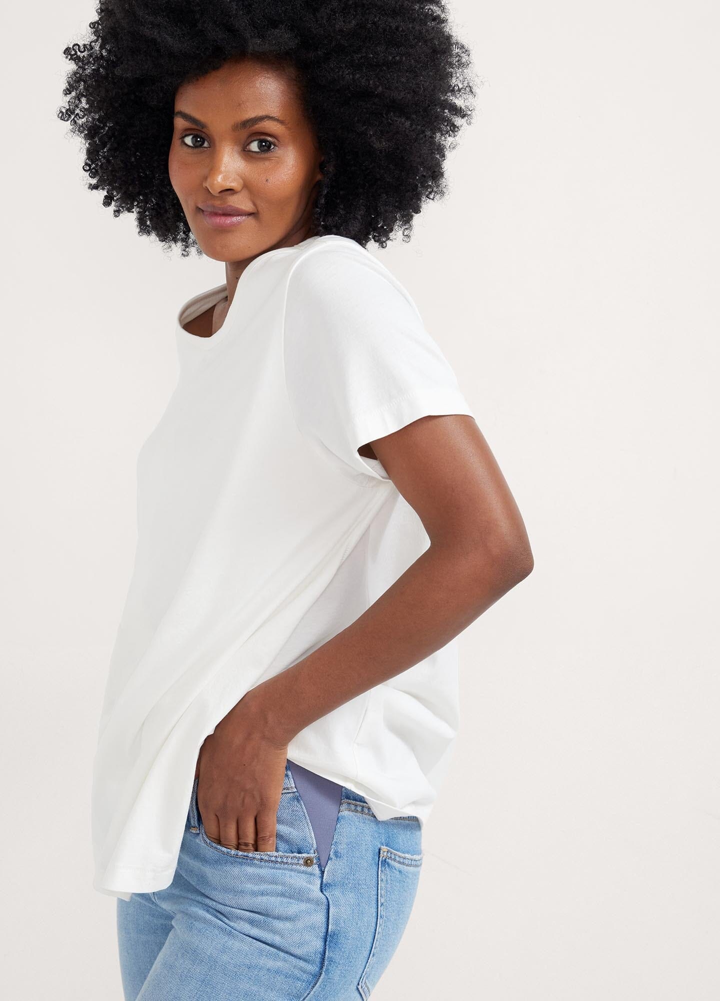 The Luxe Nursing Tee - White short-sleeve maternity nursing tee with scoop neckline, designed for pregnancy and postpartum comfort.