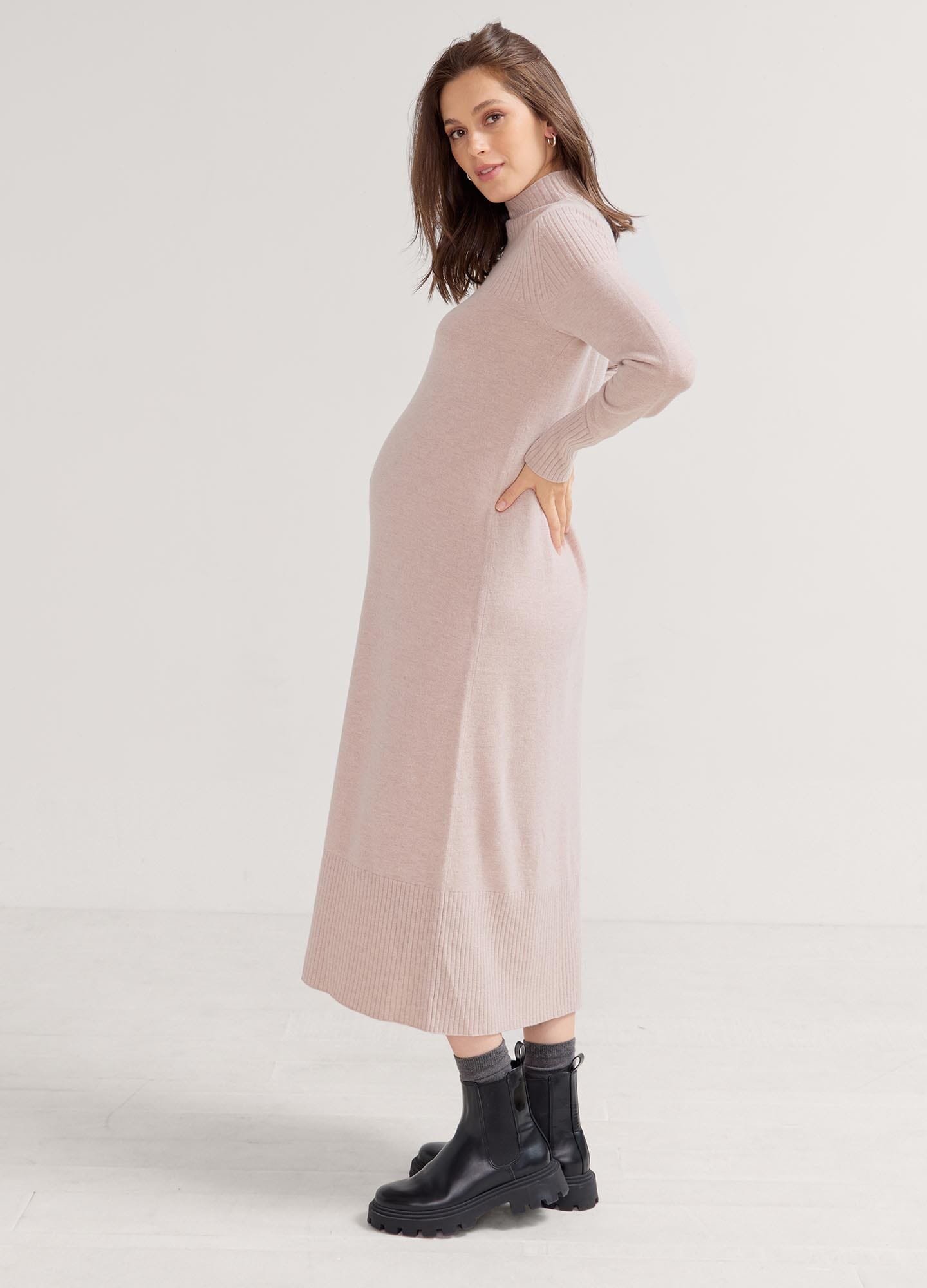 The Peyton Sweater Dress - Soft oat melange maternity sweater dress with long sleeves and side slits for nursing and postpartum comfort.