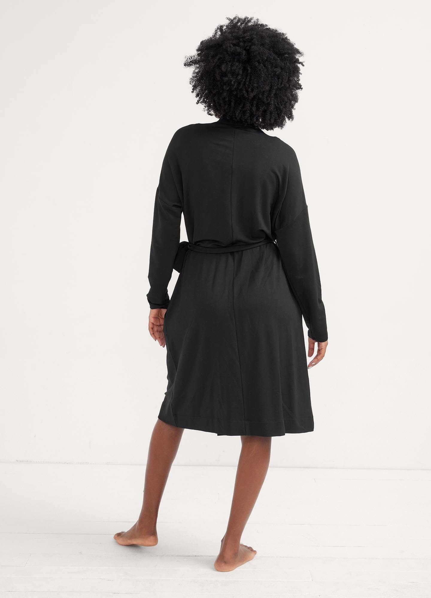 The Robe - Black maternity robe with wrap tie, designed for pregnancy, nursing, and postpartum comfort.