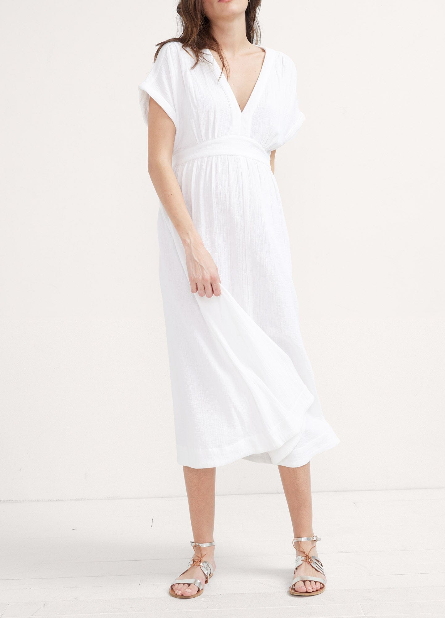 The Rosa Dress - Indigo blue midi maternity dress with V-neck, short sleeves, and gathered waist for nursing and postpartum comfort.