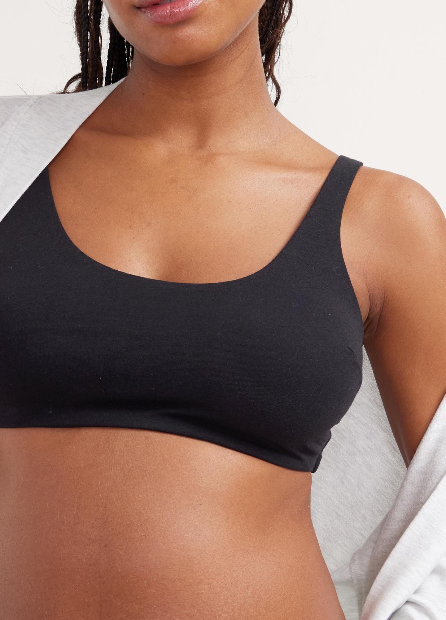 The Skin To Skin Bra - Black maternity nursing bra with seamless design and scoop neckline, ideal for pregnancy and postpartum.
