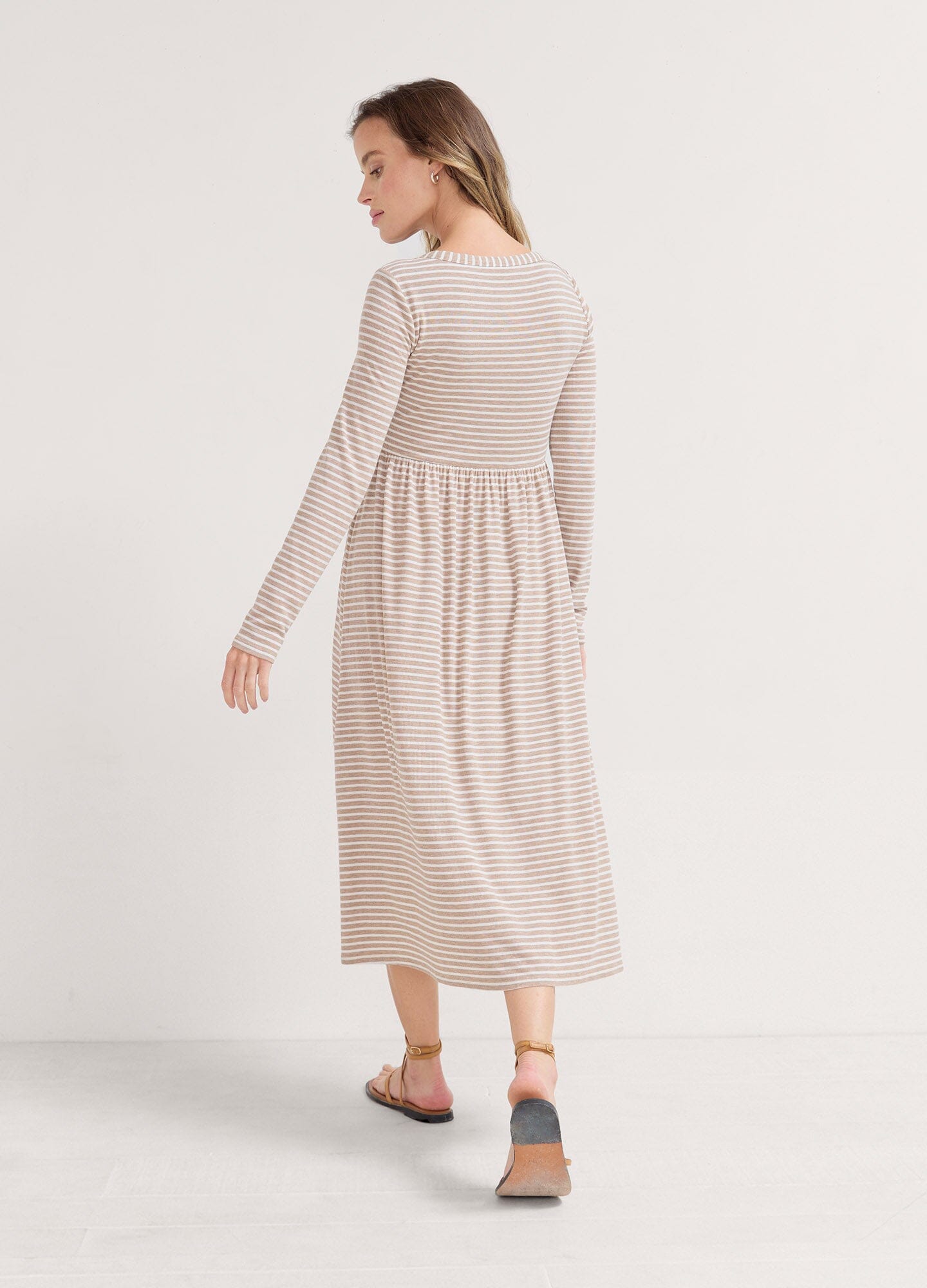 The Softest Rib Nursing Dress - Biscotti and ivory striped rib-knit maternity dress with long sleeves, fitted waist, and nursing-friendly design.