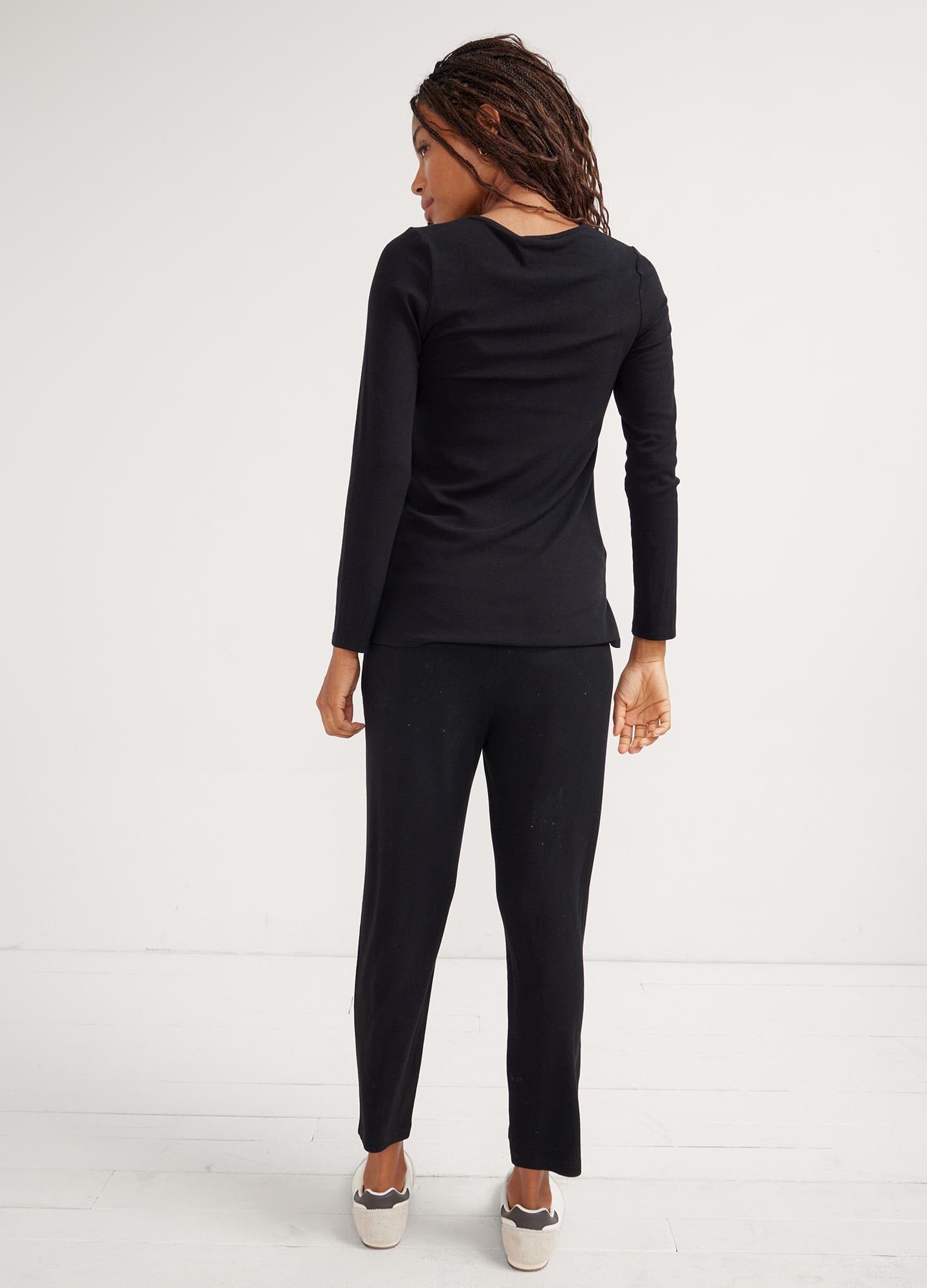 The Softest Rib Over/Under Lounge Pant - Black ribbed lounge pants with over/under waistband modeled for maternity, pregnancy, nursing, and postpartum comfort.