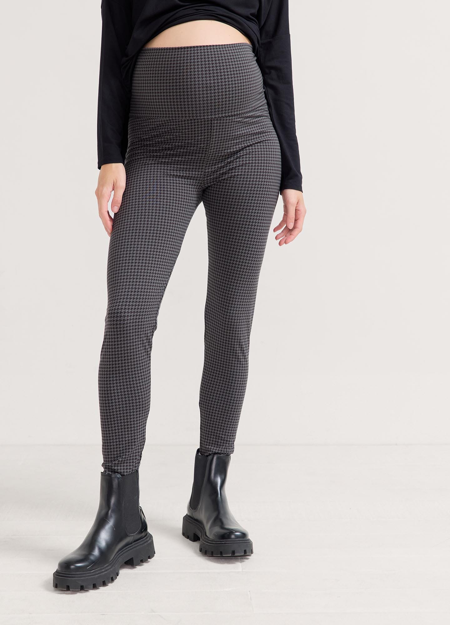 The Ultimate Before, During & After Legging - Grey houndstooth maternity leggings with high waistband designed for pregnancy, nursing, and postpartum comfort.