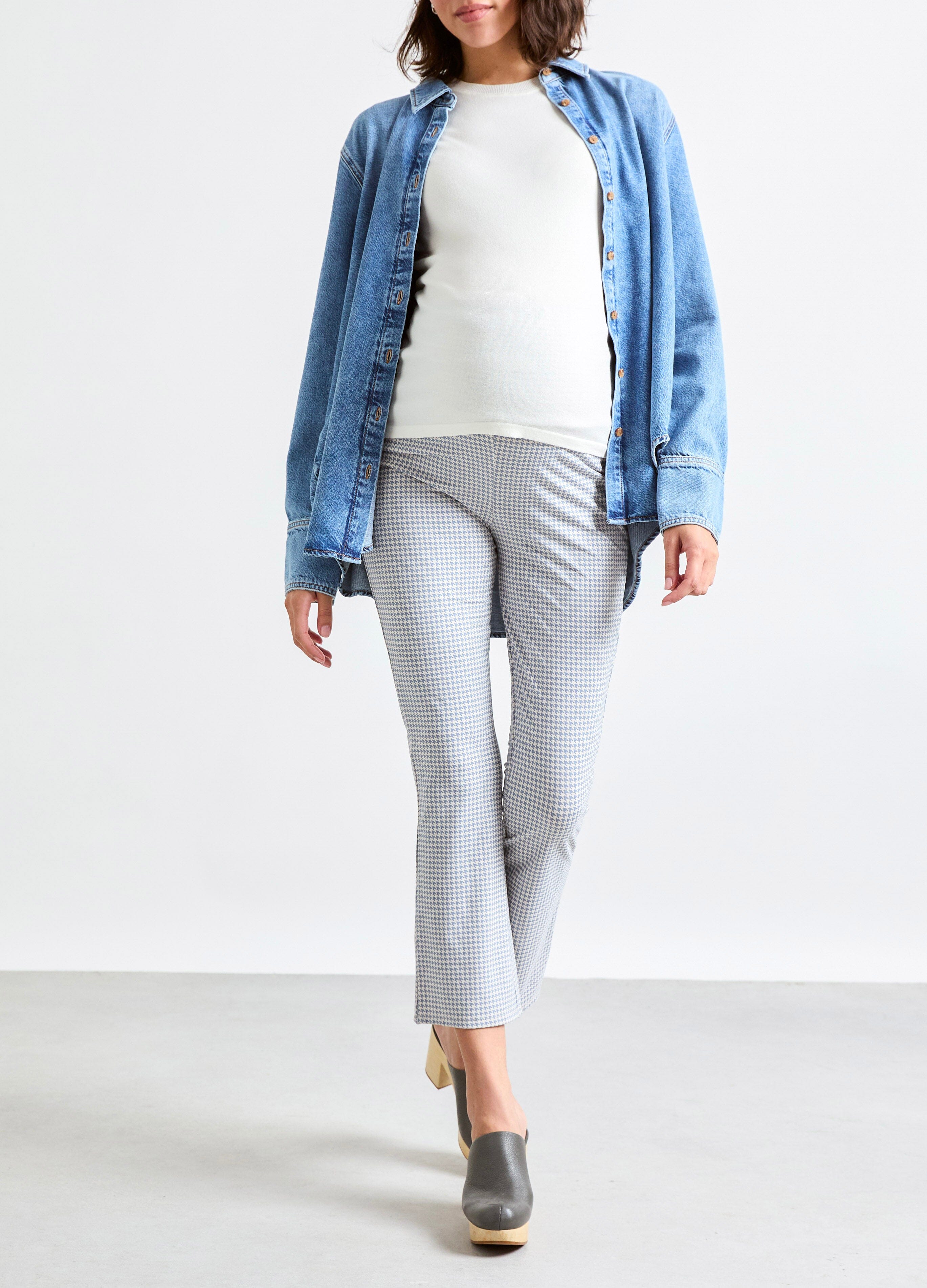 The Ultimate Before, During & After Crop Flare - Blue white houndstooth maternity pants with crop flare fit for pregnancy, nursing, and postpartum use.