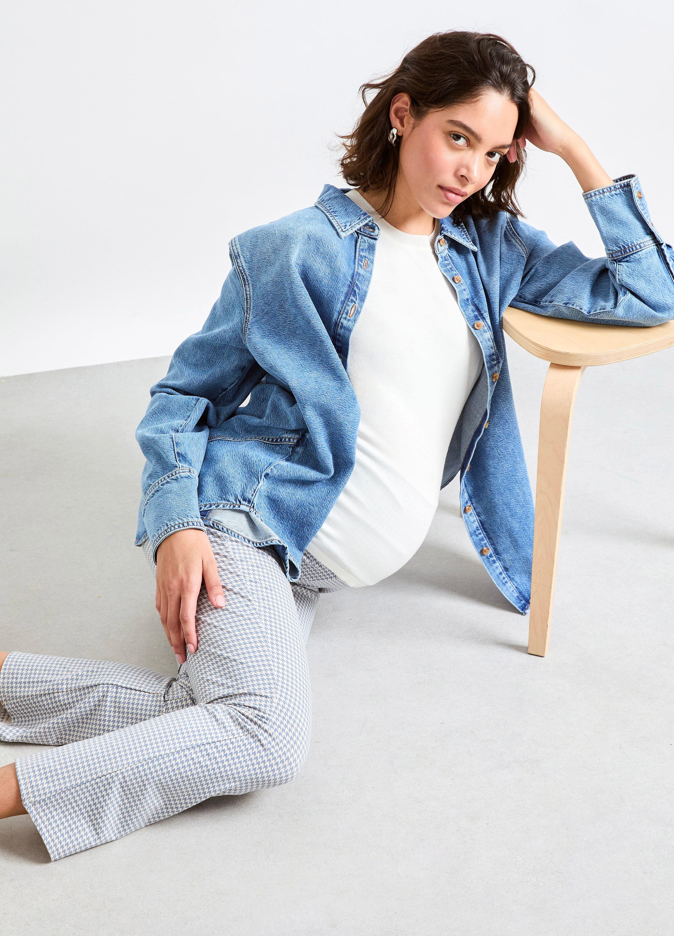 The Ultimate Before, During & After Crop Flare - Blue white houndstooth maternity pants with crop flare fit for pregnancy, nursing, and postpartum use.