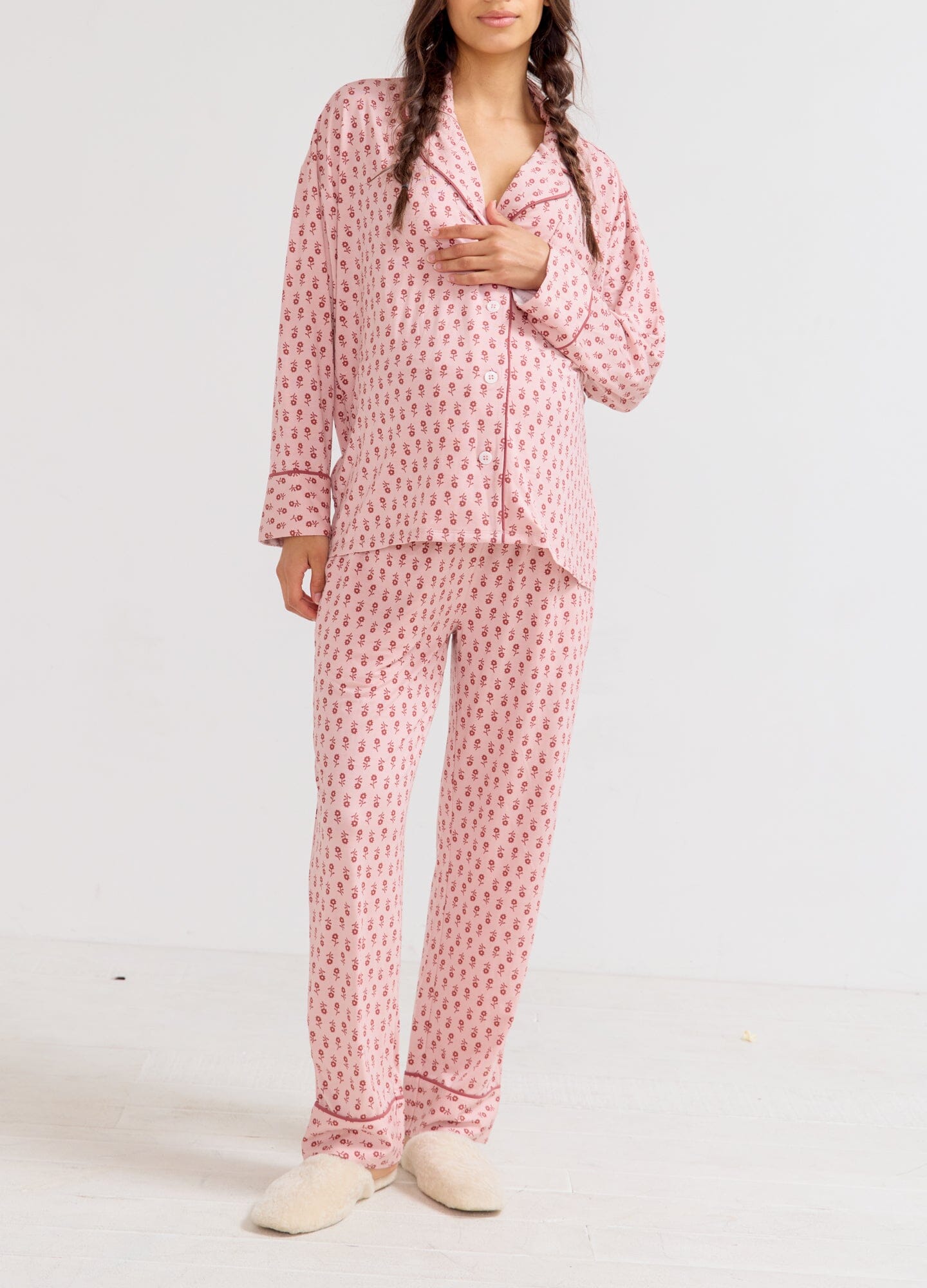 The Ultra Soft Jersey Pj Set - Pink ditsy batik maternity pajama set with long sleeves and button-down nursing top, soft stretchy fabric.