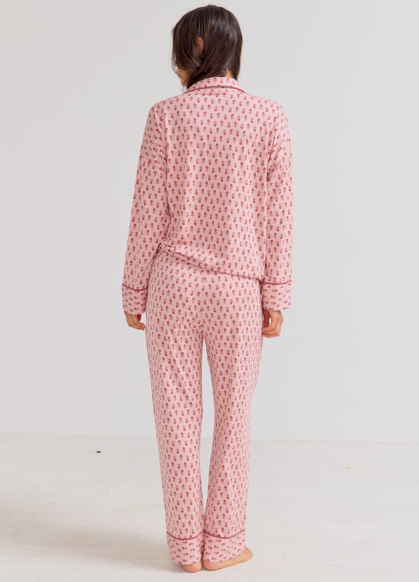 The Ultra Soft Jersey Pj Set - Pink ditsy batik maternity pajama set with long sleeves and button-down nursing top, soft stretchy fabric.