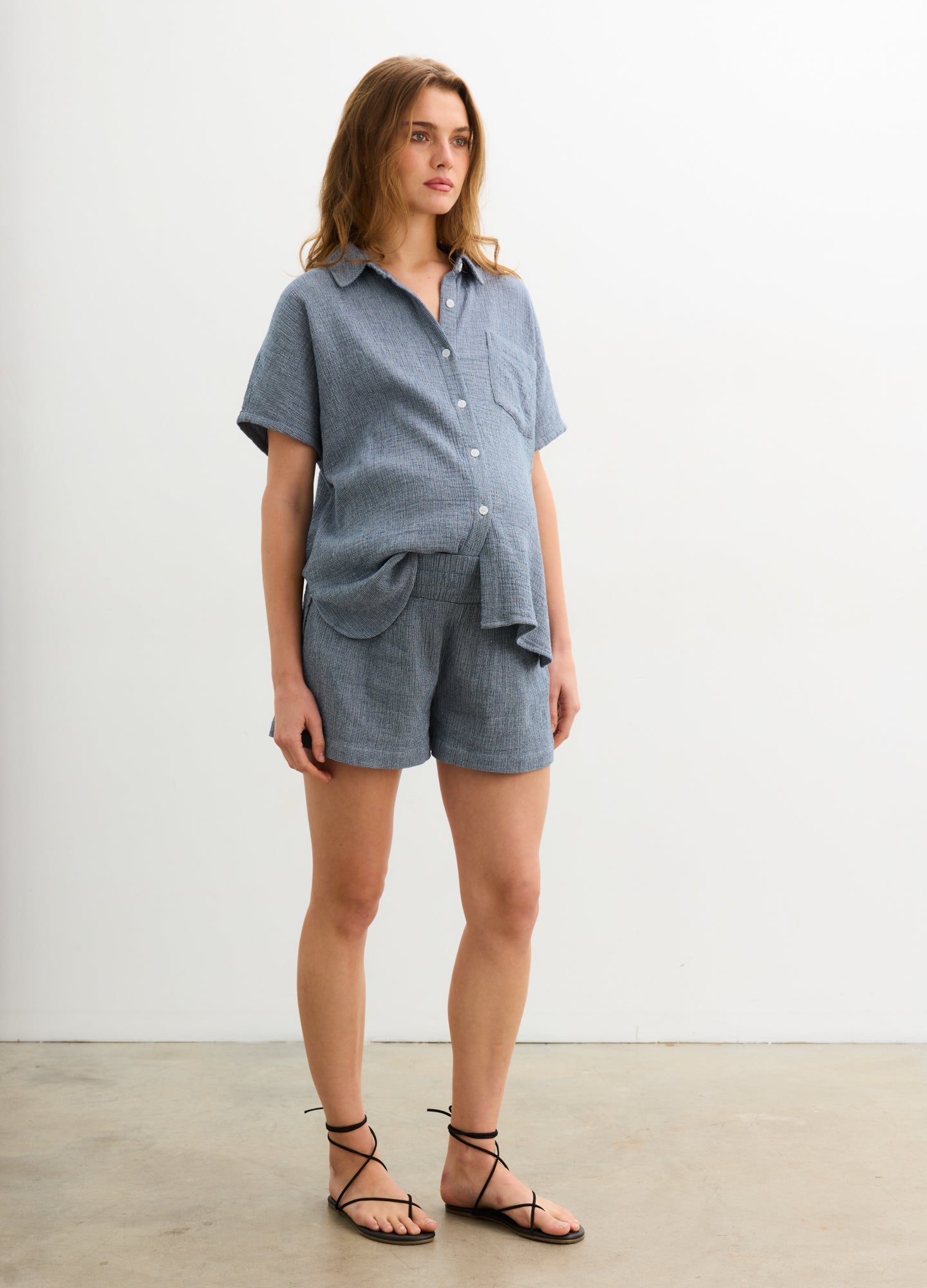 The Willa Short - Navy and white maternity short set with button-front top and elastic waist shorts, designed for pregnancy and nursing comfort.