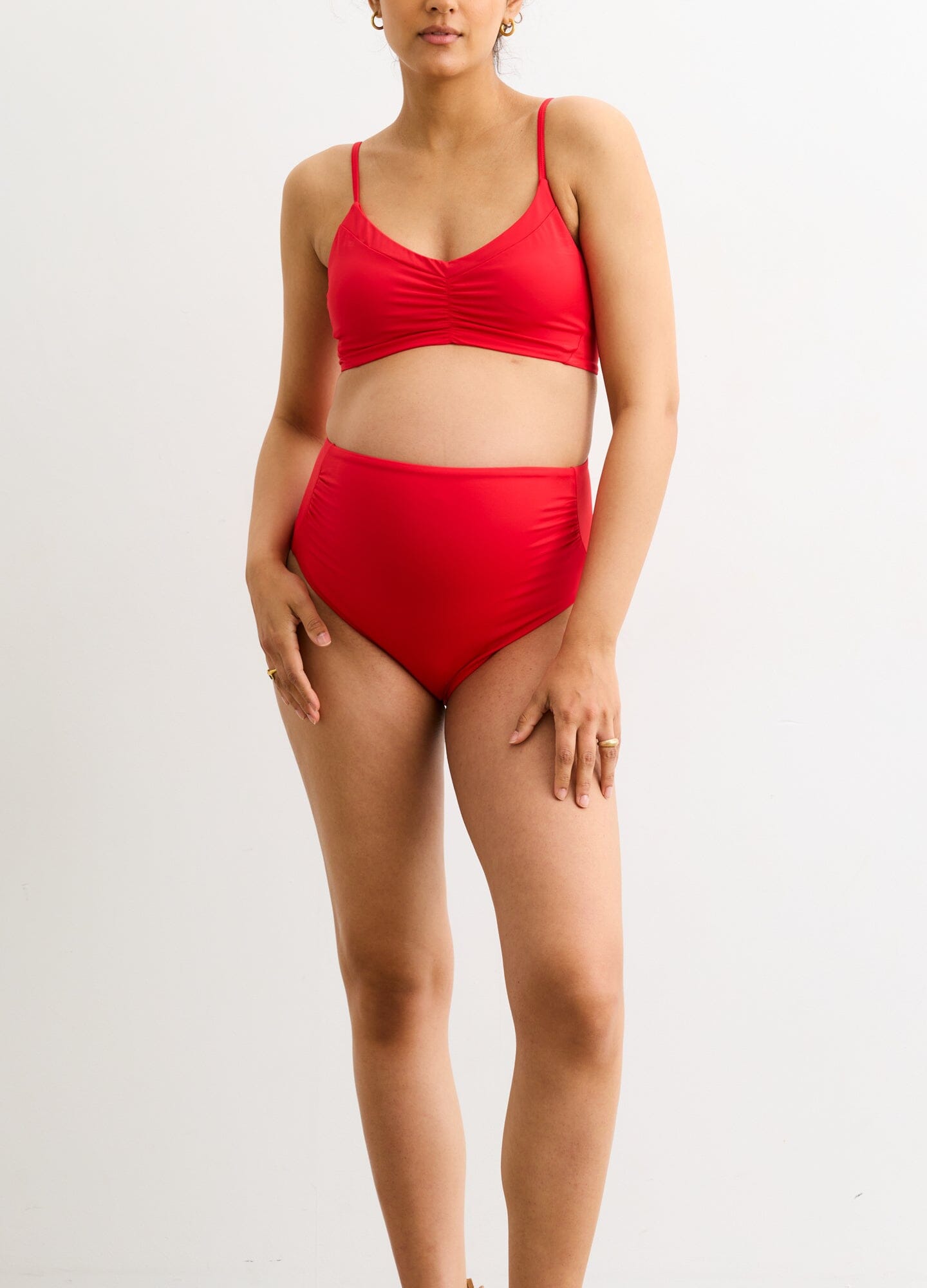The Zanzibar Bikini - Red maternity bikini with ruched nursing-friendly top and high-waist postpartum bottoms.