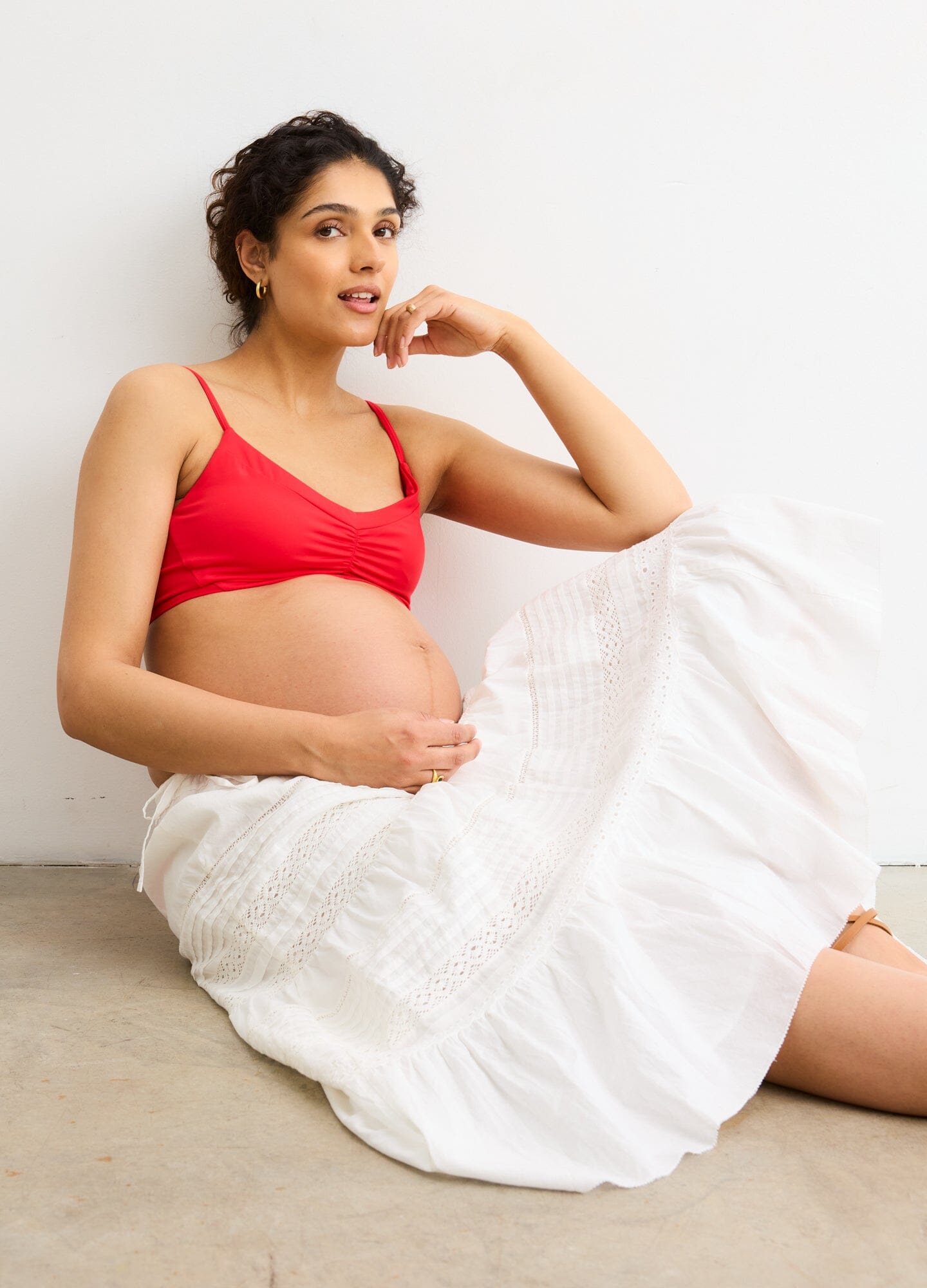 The Zanzibar Bikini - Red maternity bikini with ruched nursing-friendly top and high-waist postpartum bottoms.