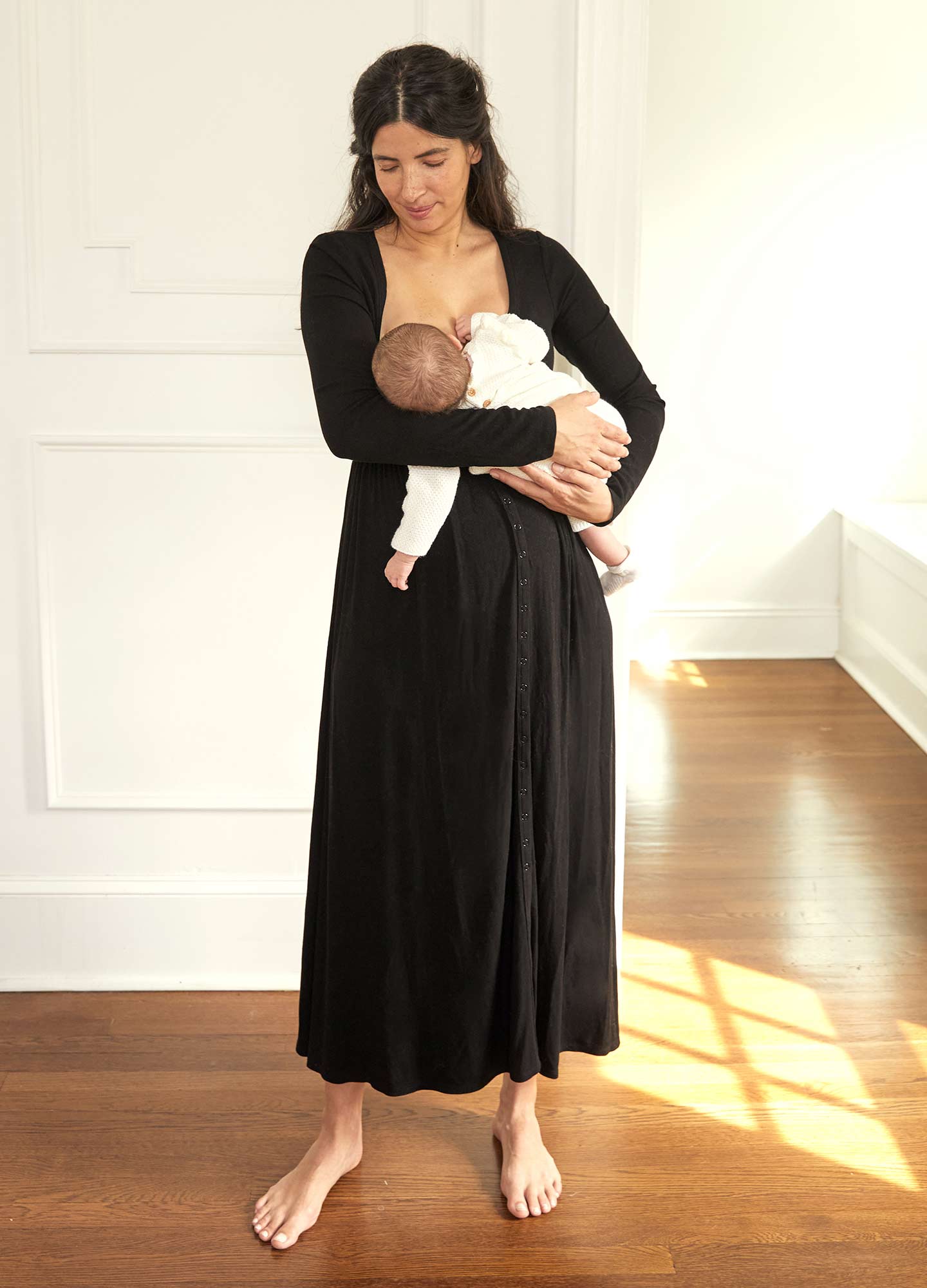 The Softest Rib Nursing Dress - Biscotti and ivory striped rib-knit maternity dress with long sleeves, fitted waist, and nursing-friendly design.