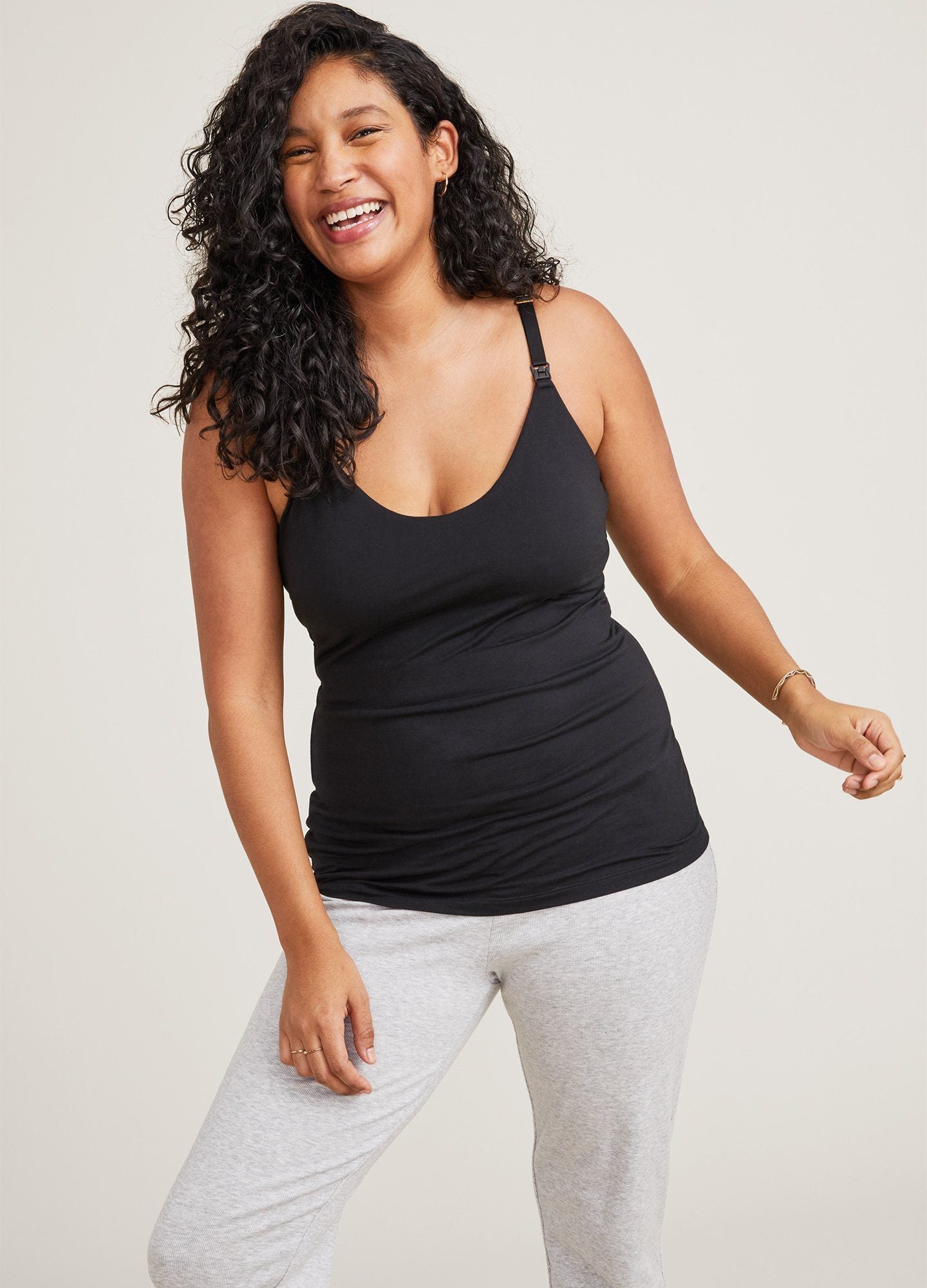 The 24/7 Nursing Tank - Black maternity nursing tank with convenient side access, soft stretch fabric for pregnancy and postpartum comfort.