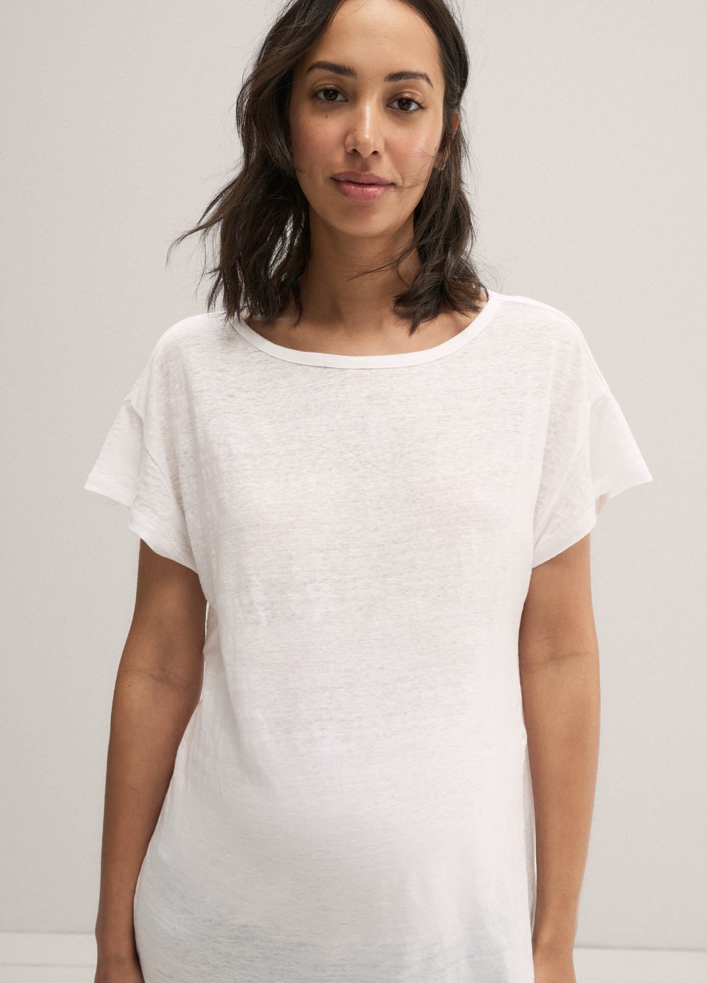 The Everyday Linen Tee - White linen maternity tee with short sleeves and relaxed fit for pregnancy, nursing, and postpartum wear.