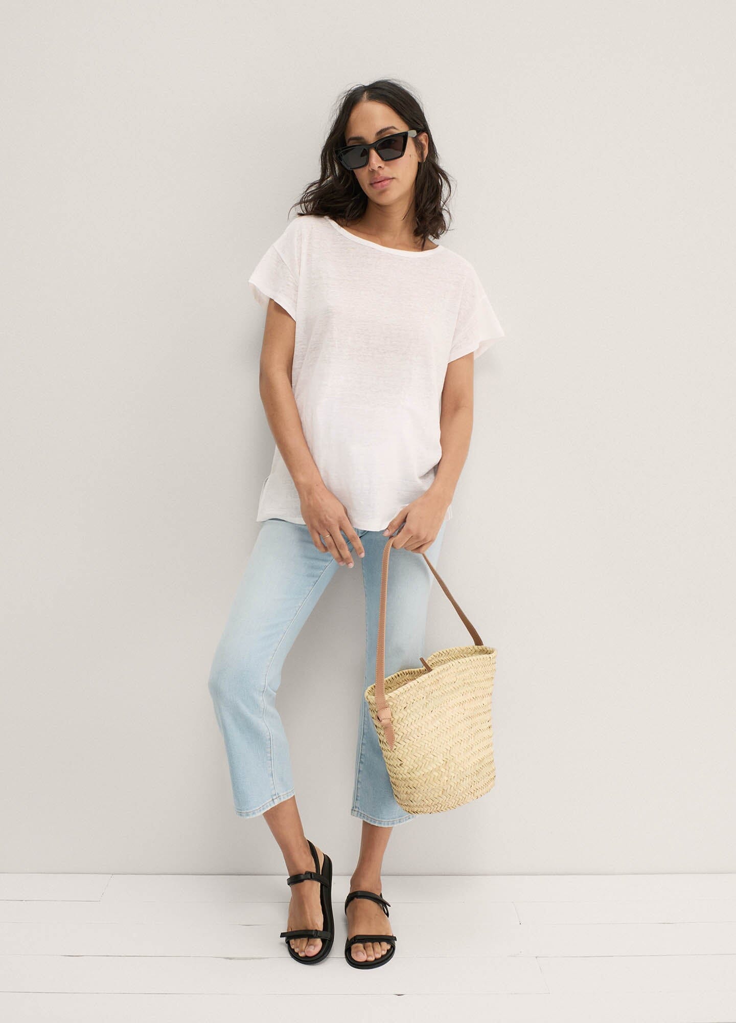The Everyday Linen Tee - White linen maternity tee with short sleeves and relaxed fit for pregnancy, nursing, and postpartum wear.