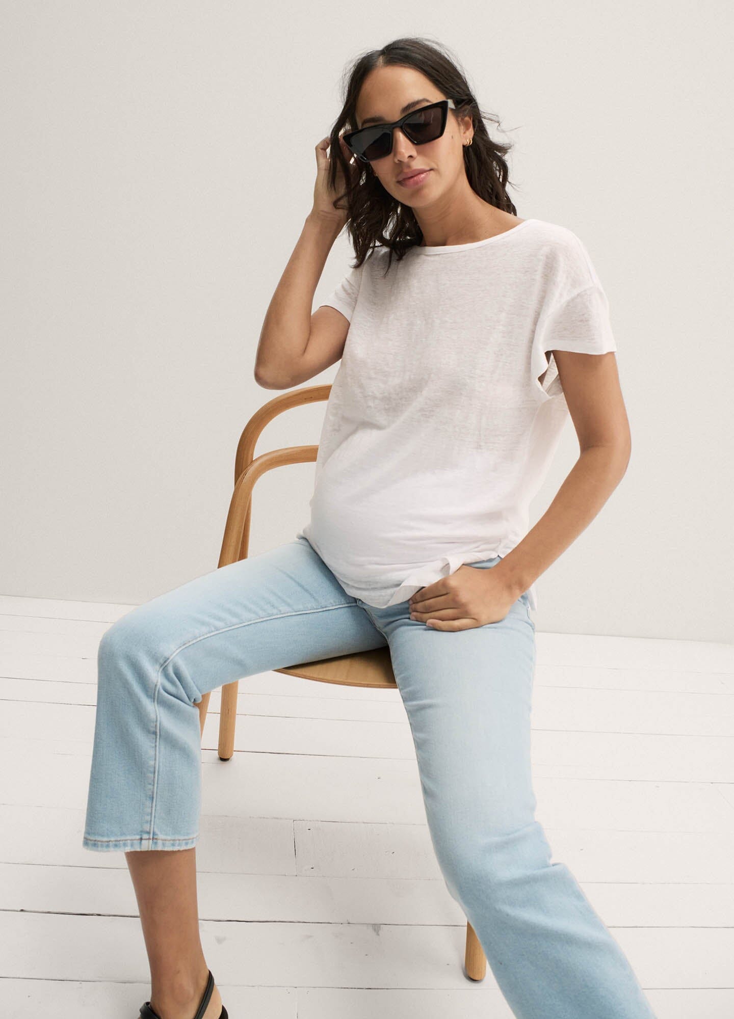 The Everyday Linen Tee - White linen maternity tee with short sleeves and relaxed fit for pregnancy, nursing, and postpartum wear.