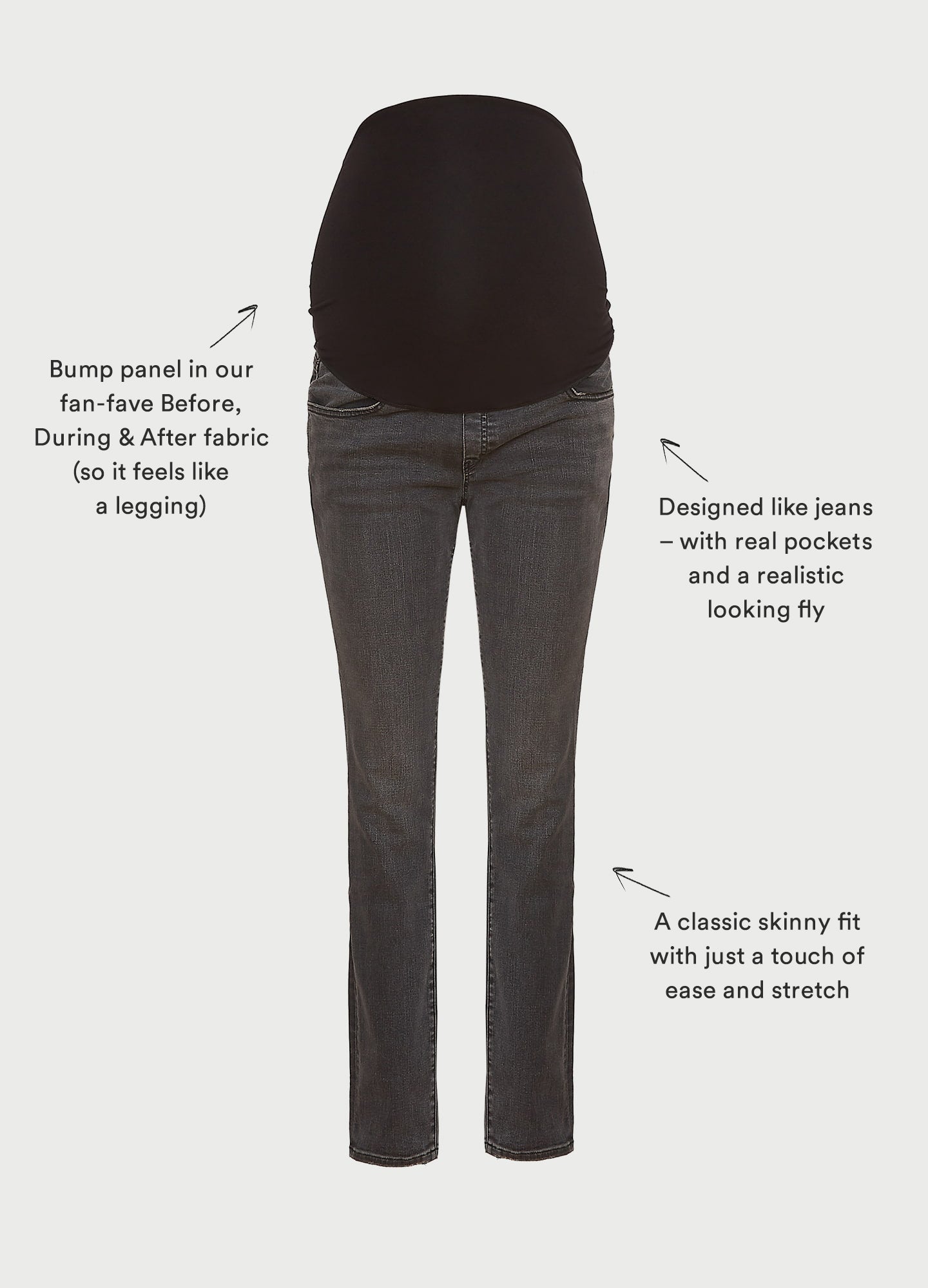 The Over The Bump Slim Maternity Jean - Slim black washed maternity jeans with over-the-bump fit, worn during pregnancy and postpartum.