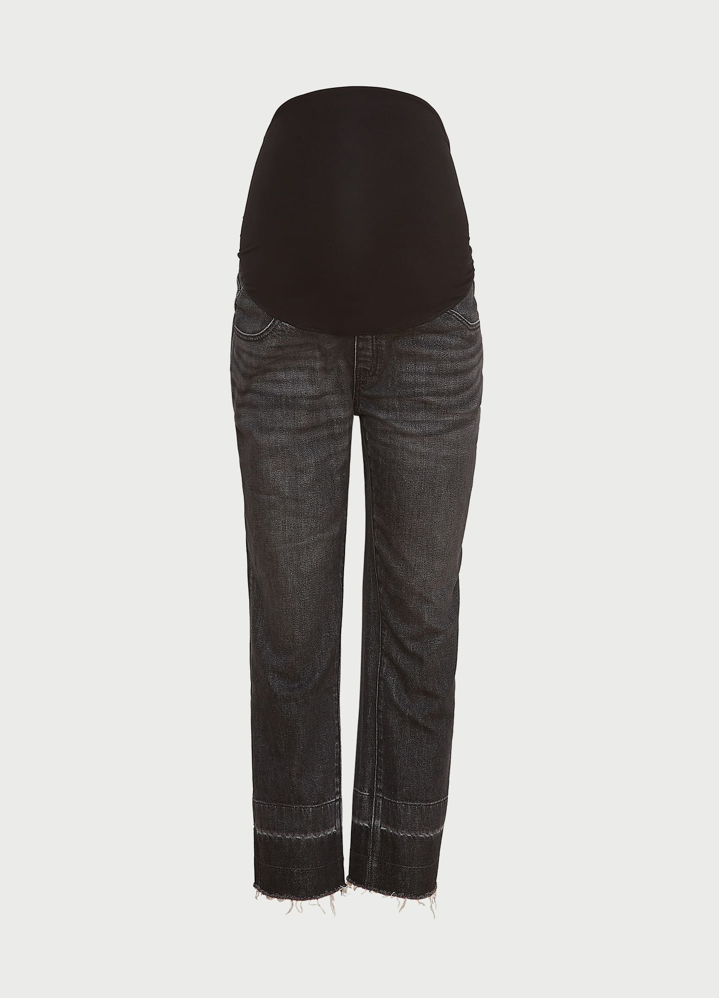 Black straight-leg maternity jeans with over-the-bump stretchy panel and raw hem detailing.