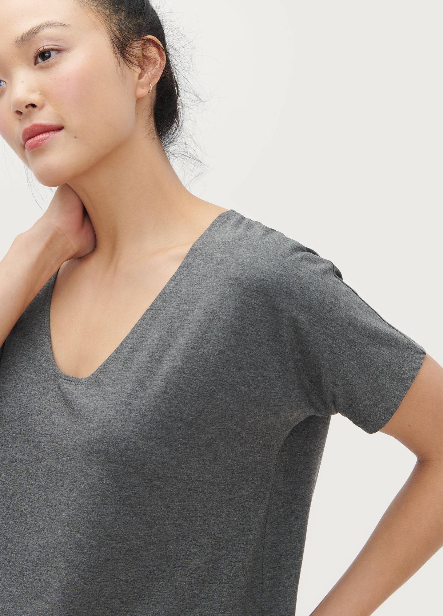 The Perfect Vee - Black and white striped maternity tee with relaxed fit, ideal for pregnancy, nursing, and postpartum wear.