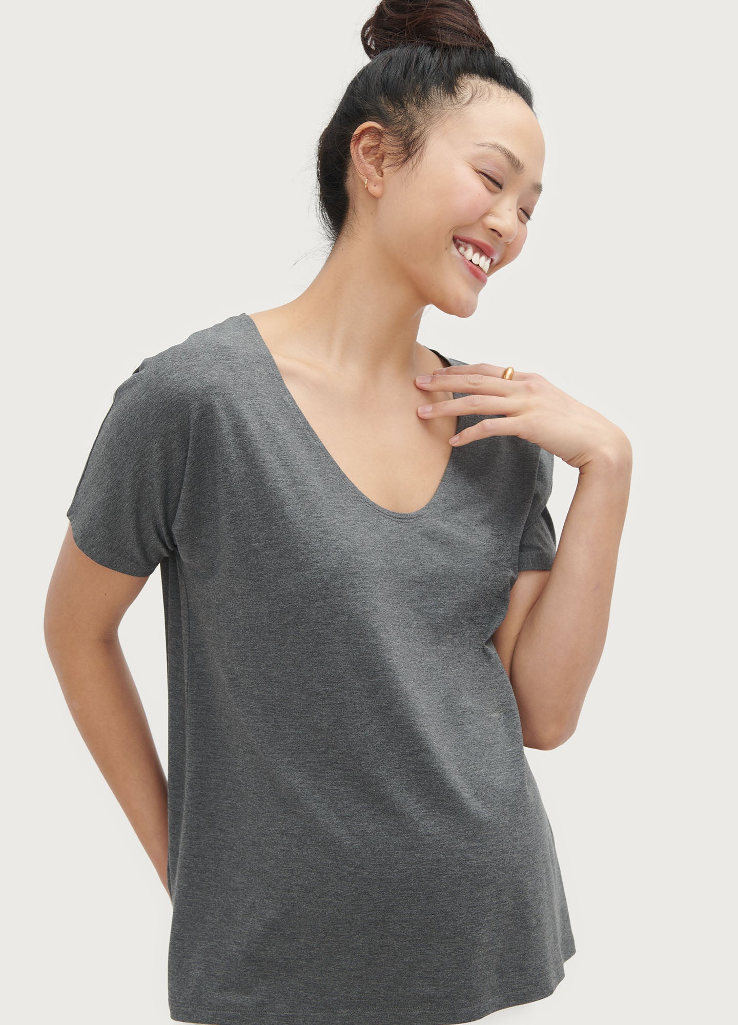 The Perfect Vee - Black and white striped maternity tee with relaxed fit, ideal for pregnancy, nursing, and postpartum wear.