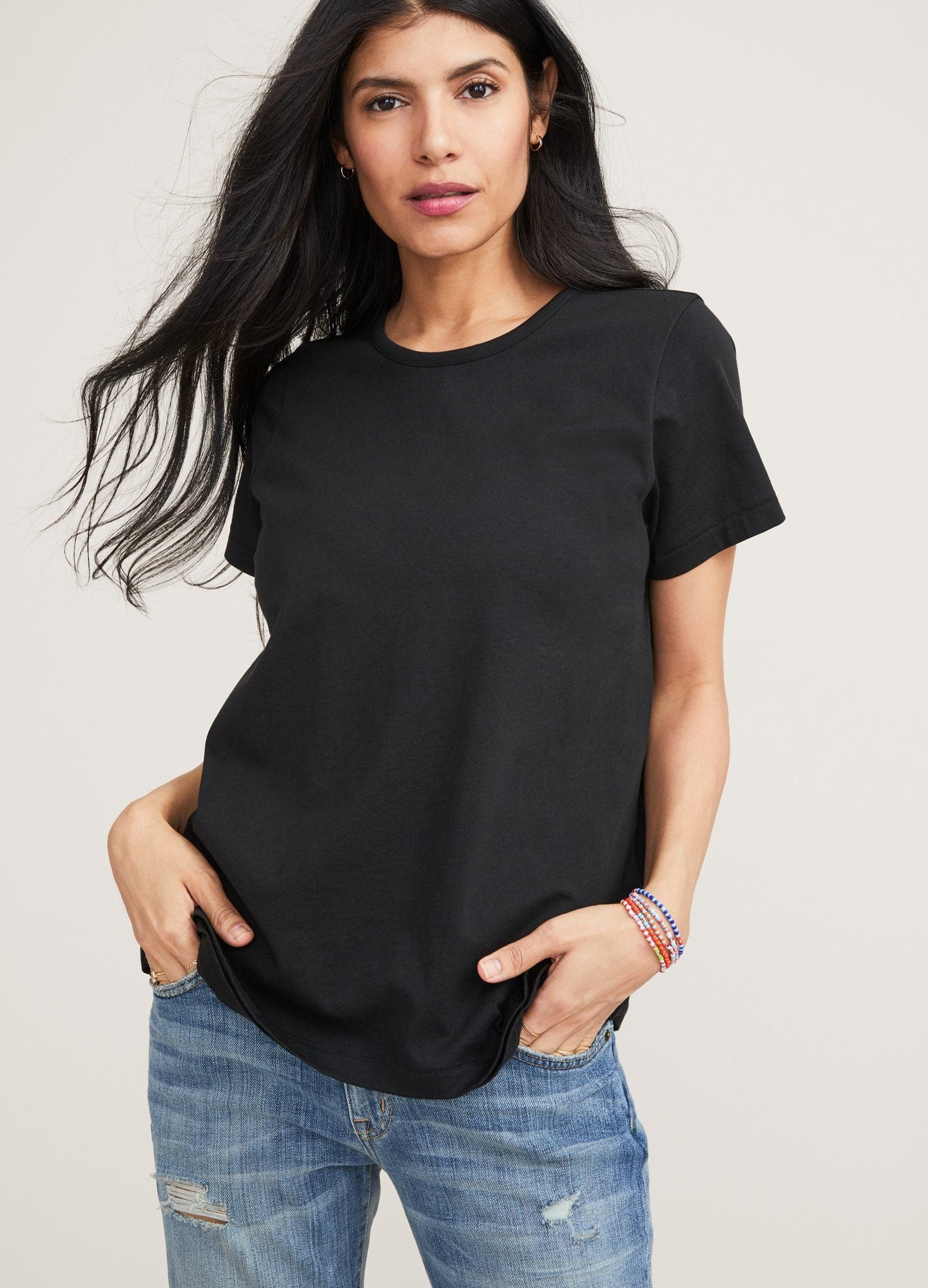 The Luxe Nursing Tee - White short-sleeve maternity nursing tee with scoop neckline, designed for pregnancy and postpartum comfort.