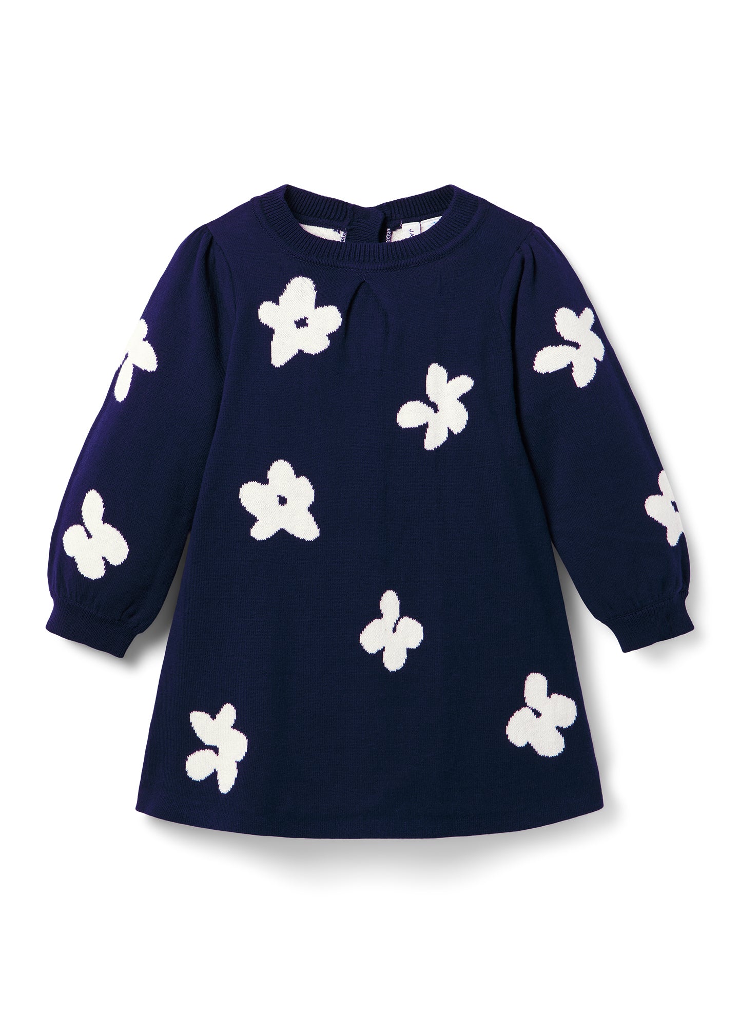Navy blue maternity sweater dress with white floral appliqués and long sleeves.