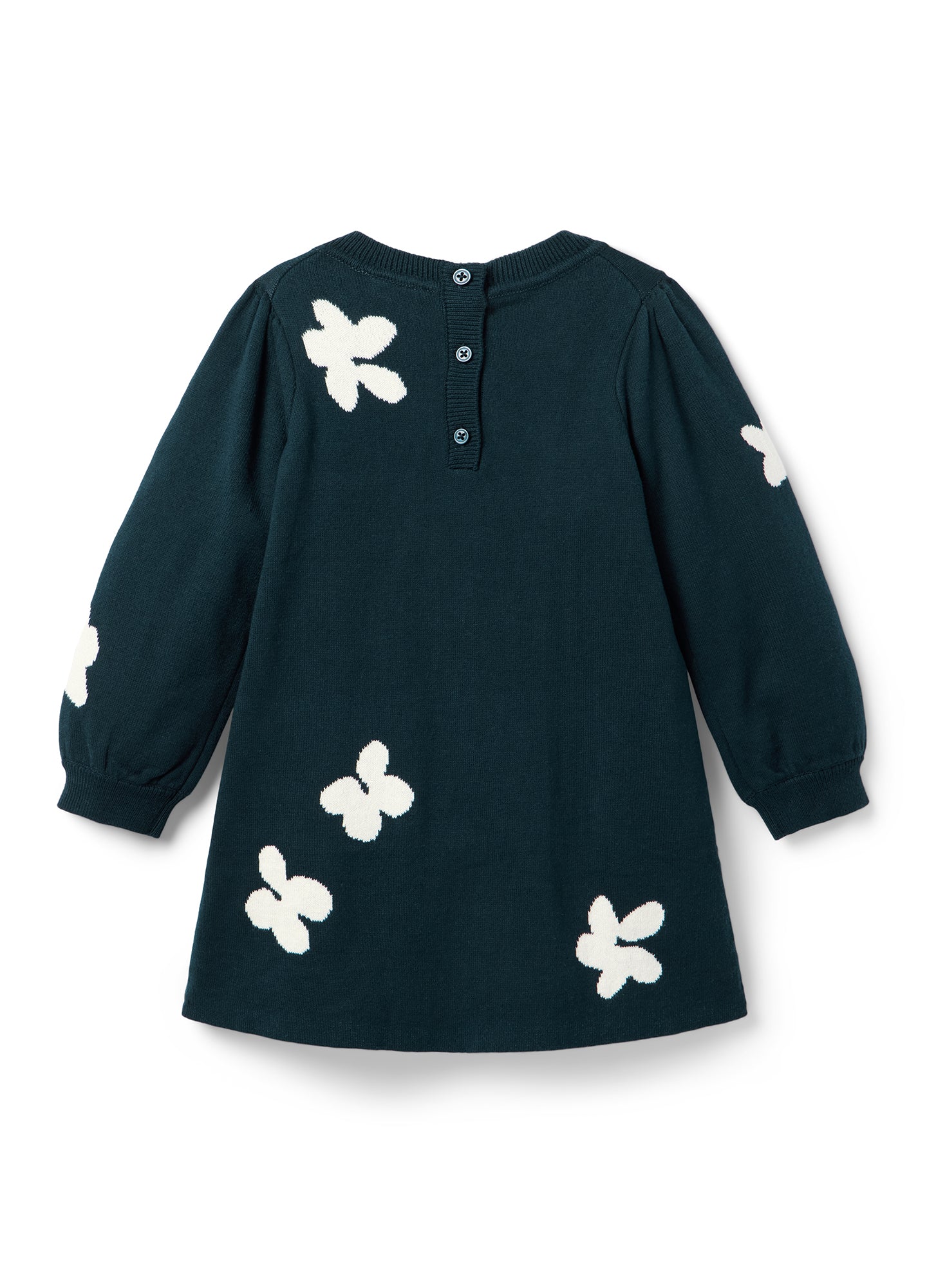 Navy blue maternity sweater dress with white floral appliques and long puff sleeves.