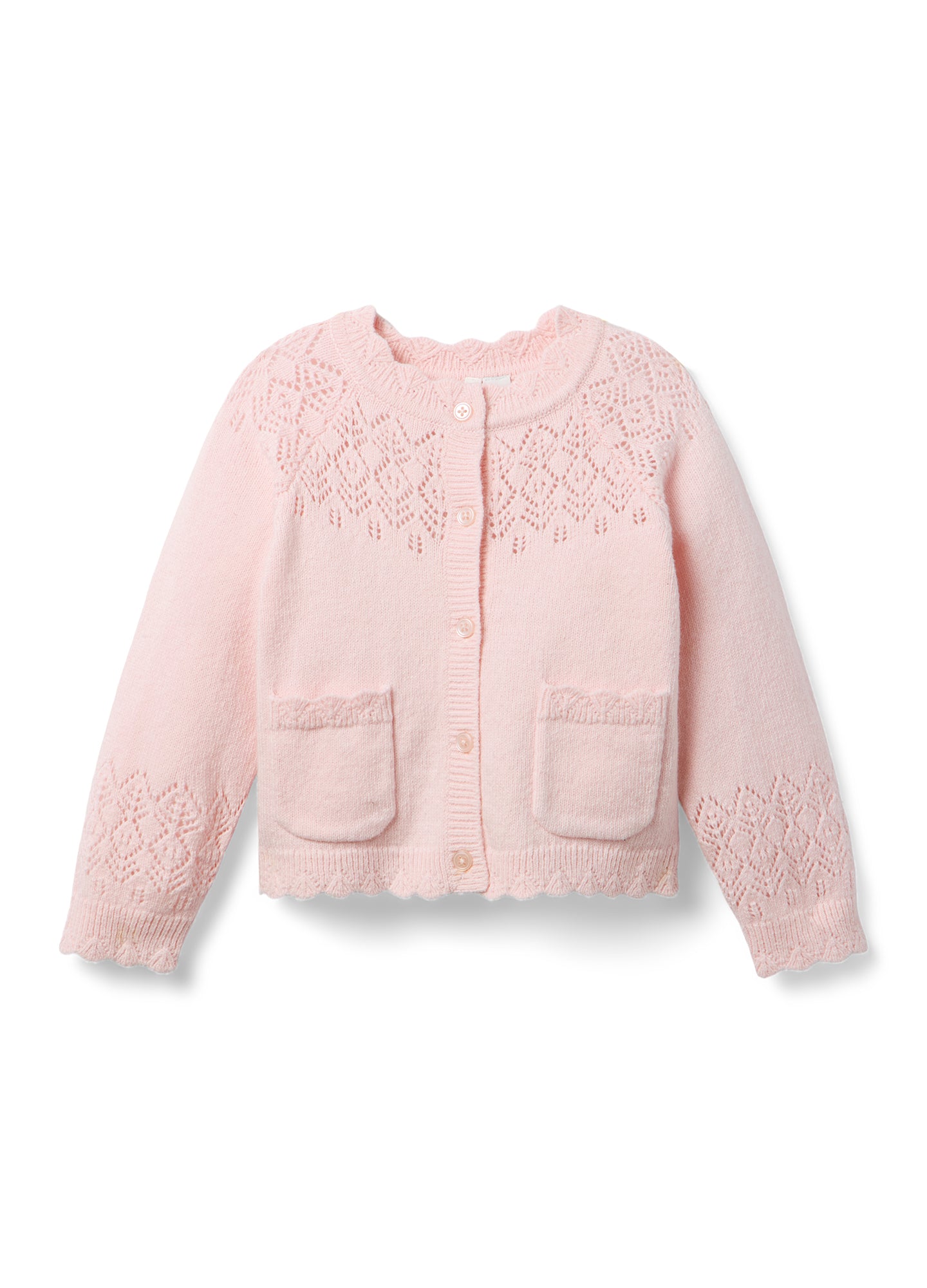 Soft pink knit cardigan with delicate eyelet detailing, front pockets, and rounded neckline designed for maternity wear.