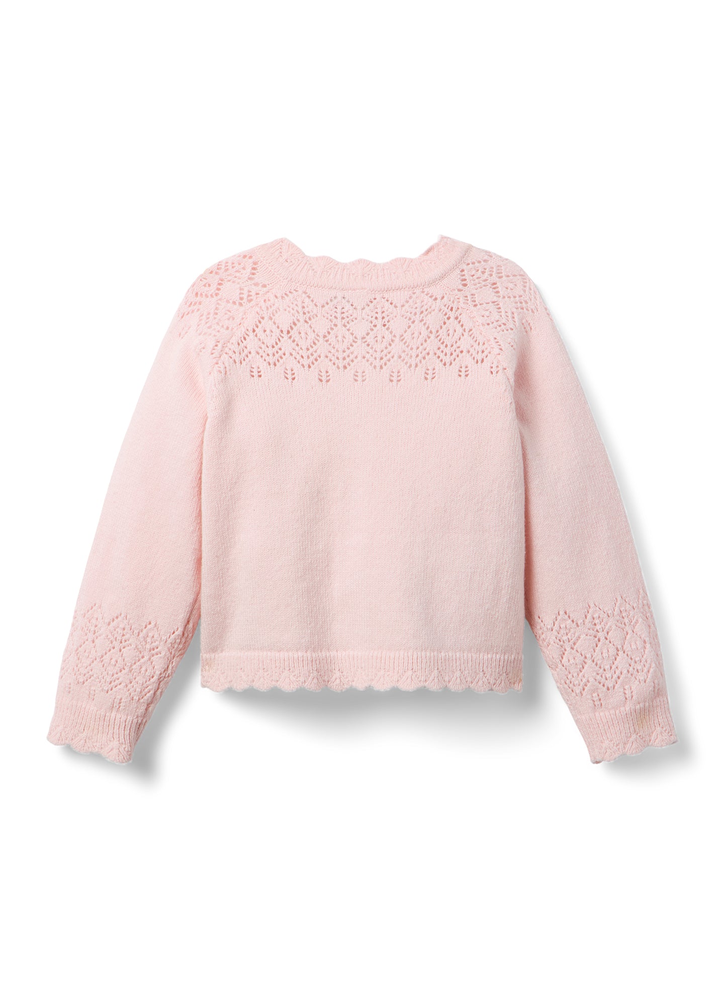 Soft pink maternity cardigan with delicate eyelet lace detailing on yoke and sleeves, scalloped edges.
