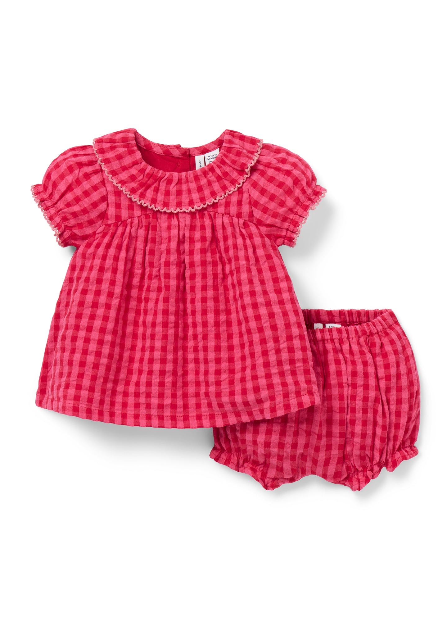 Red gingham check maternity baby set with short puff sleeves and matching bloomers.